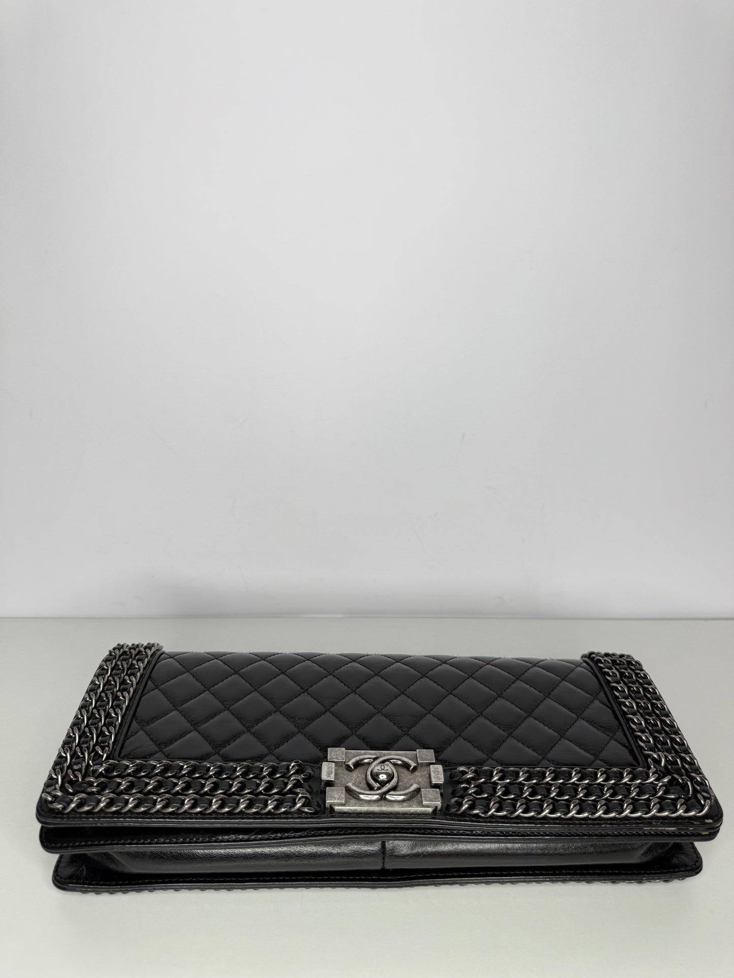 Chanel Limited Edition Black Glazed Calfskin Triple Chain Around Le Boy Flap Bag