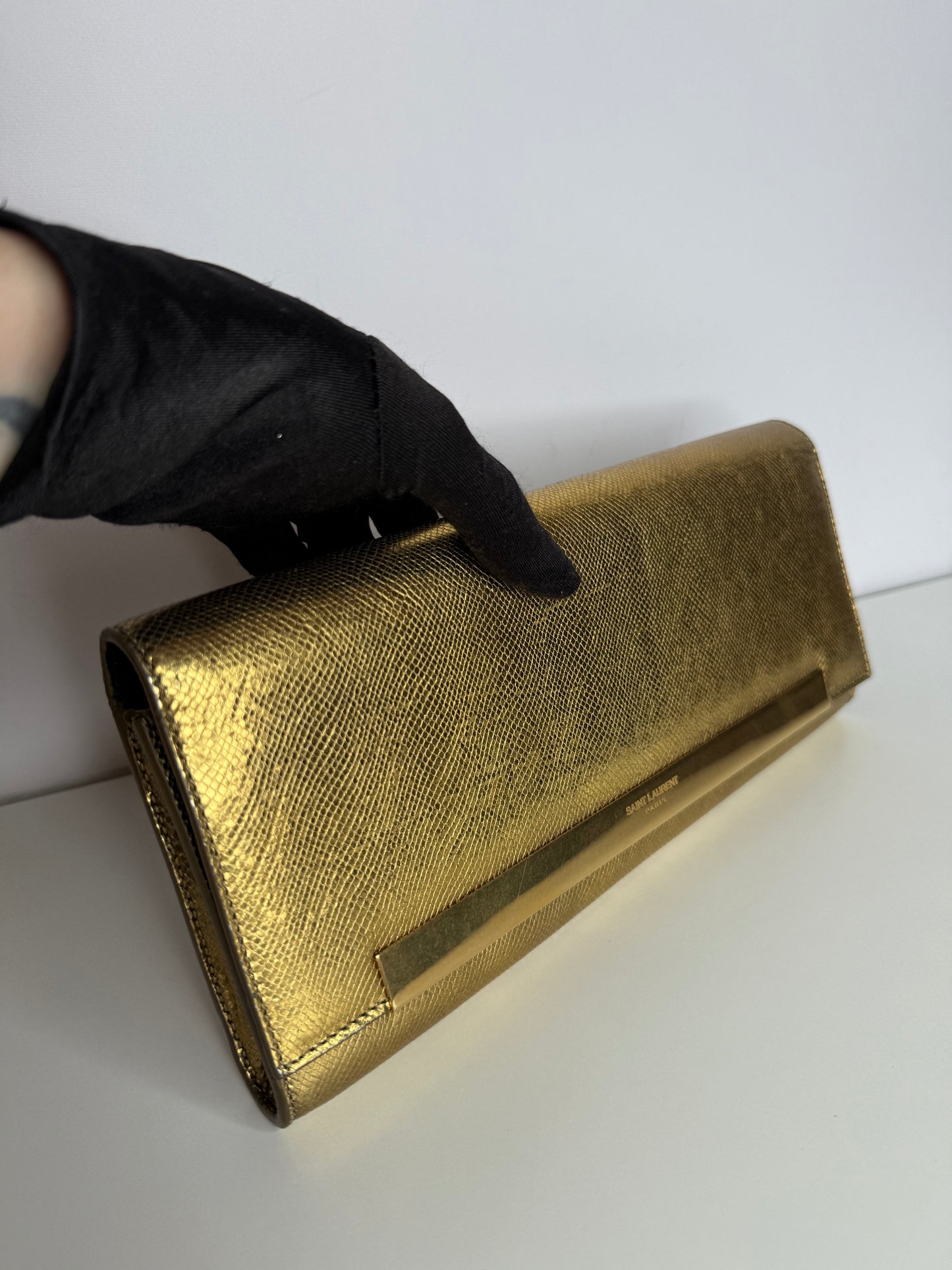 Saint Laurent Lutetia Flap Clutch Snakeskin Embossed Metallic Gold
