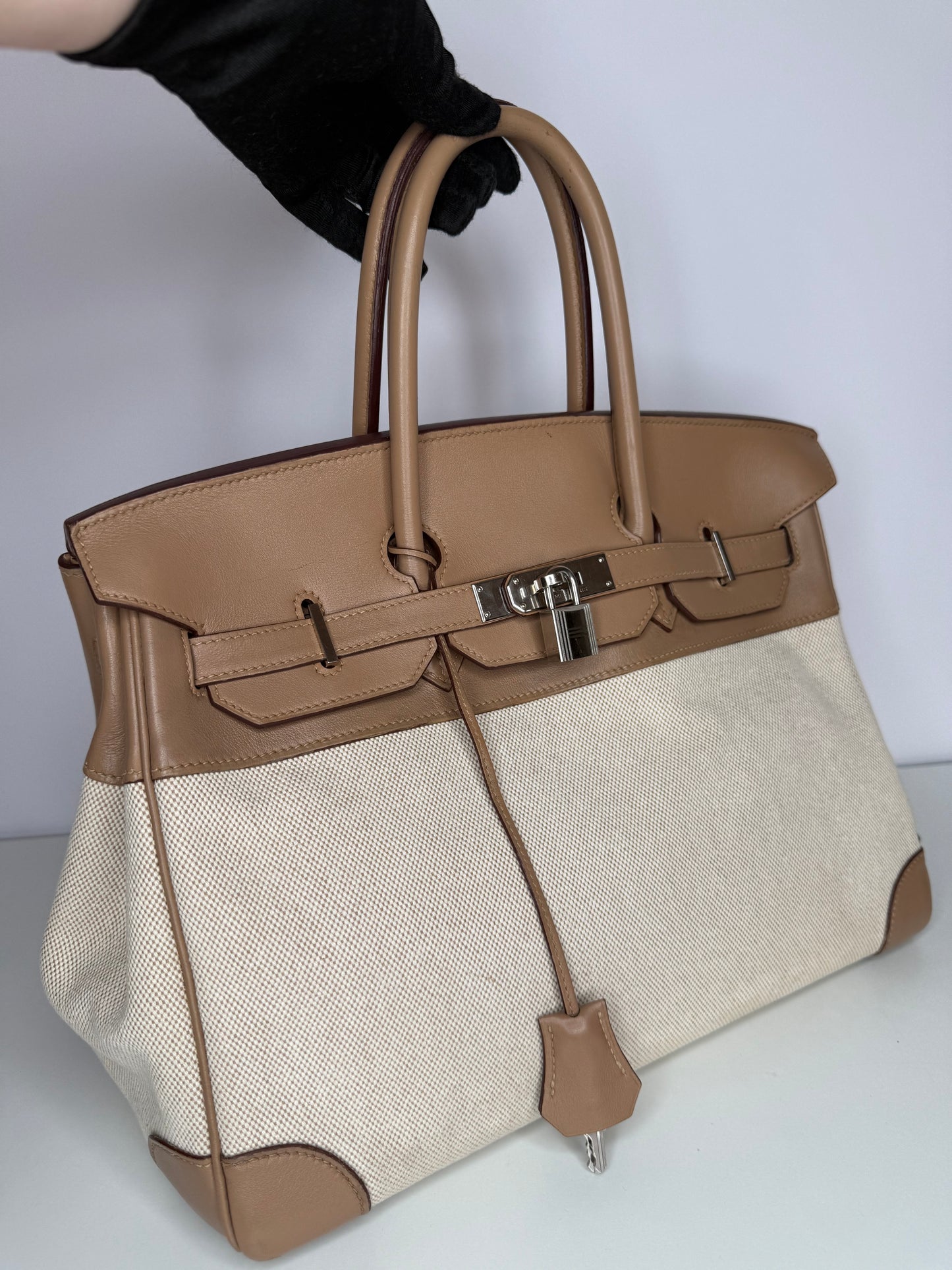 Hermès Limited Edition Birkin 35 Toile and Swift Biscuit Leather Palladium Hardware