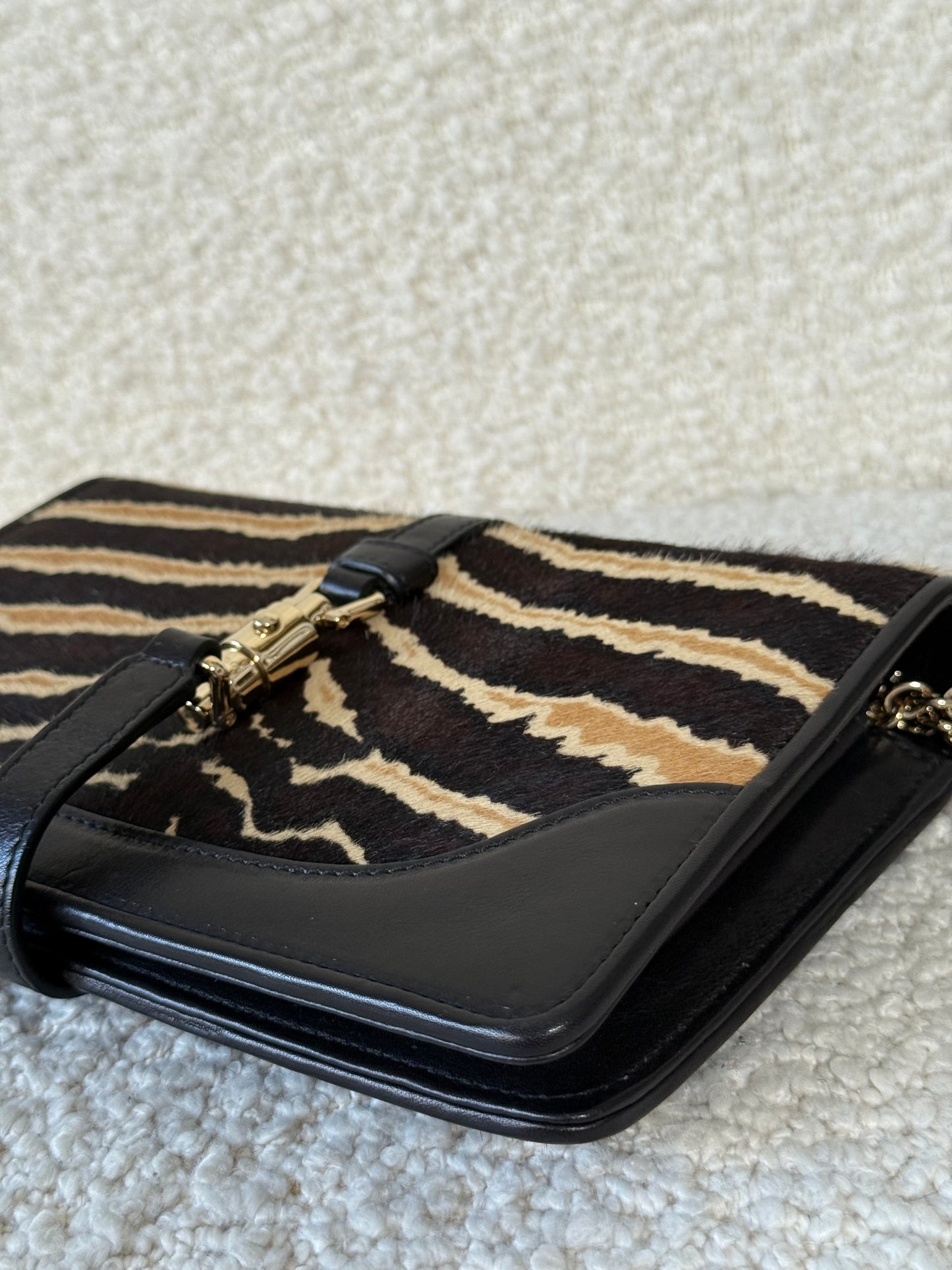 Gucci Zebra Broadway Piston Lock Chain Clutch Calf Hair