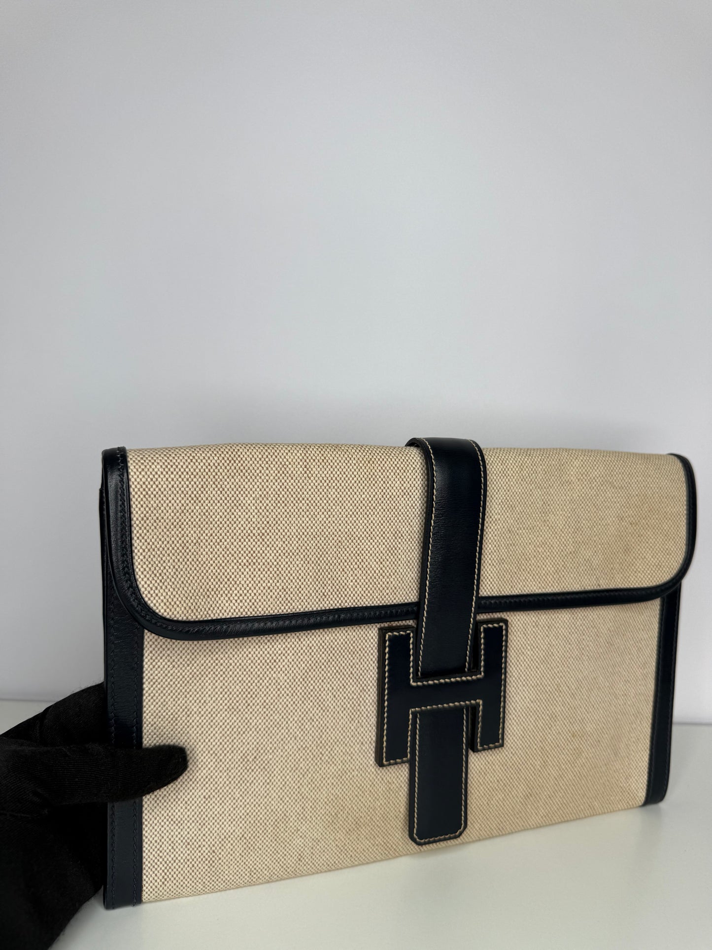 Hermès Box/Bleu Marine Toile H Canvas/Leather Elan 29 Jige Clutch
