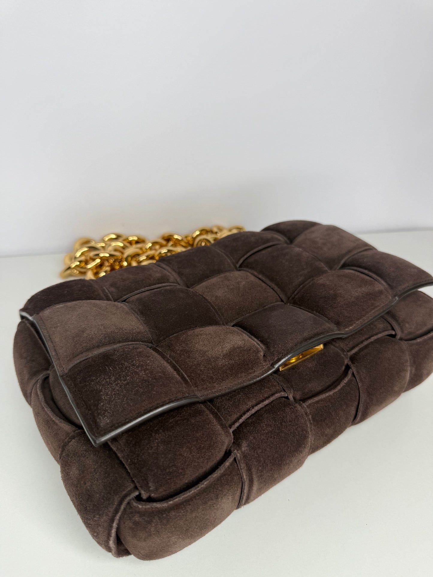 Bottega Veneta Dark Brown Suede Chain Cassette Crossbody Bag