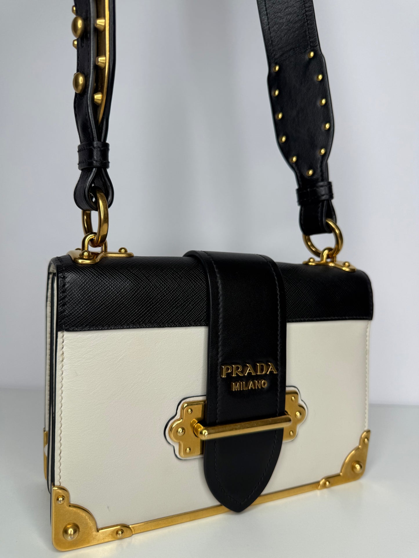 Prada Black/White Saffiano Leather Cahier Flap Shoulder Bag