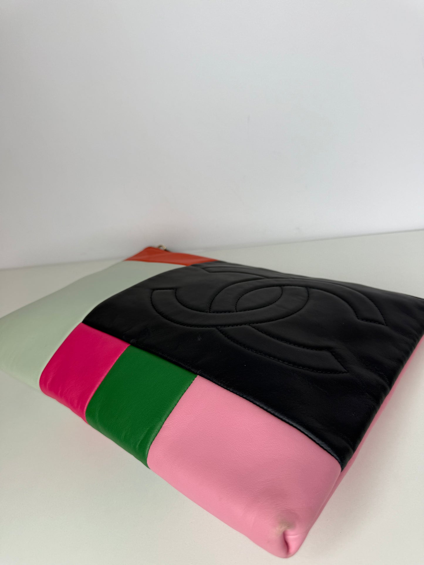 Chanel Multicolore Calfskin Leather Patchwork O-Case Large Zip Pouch