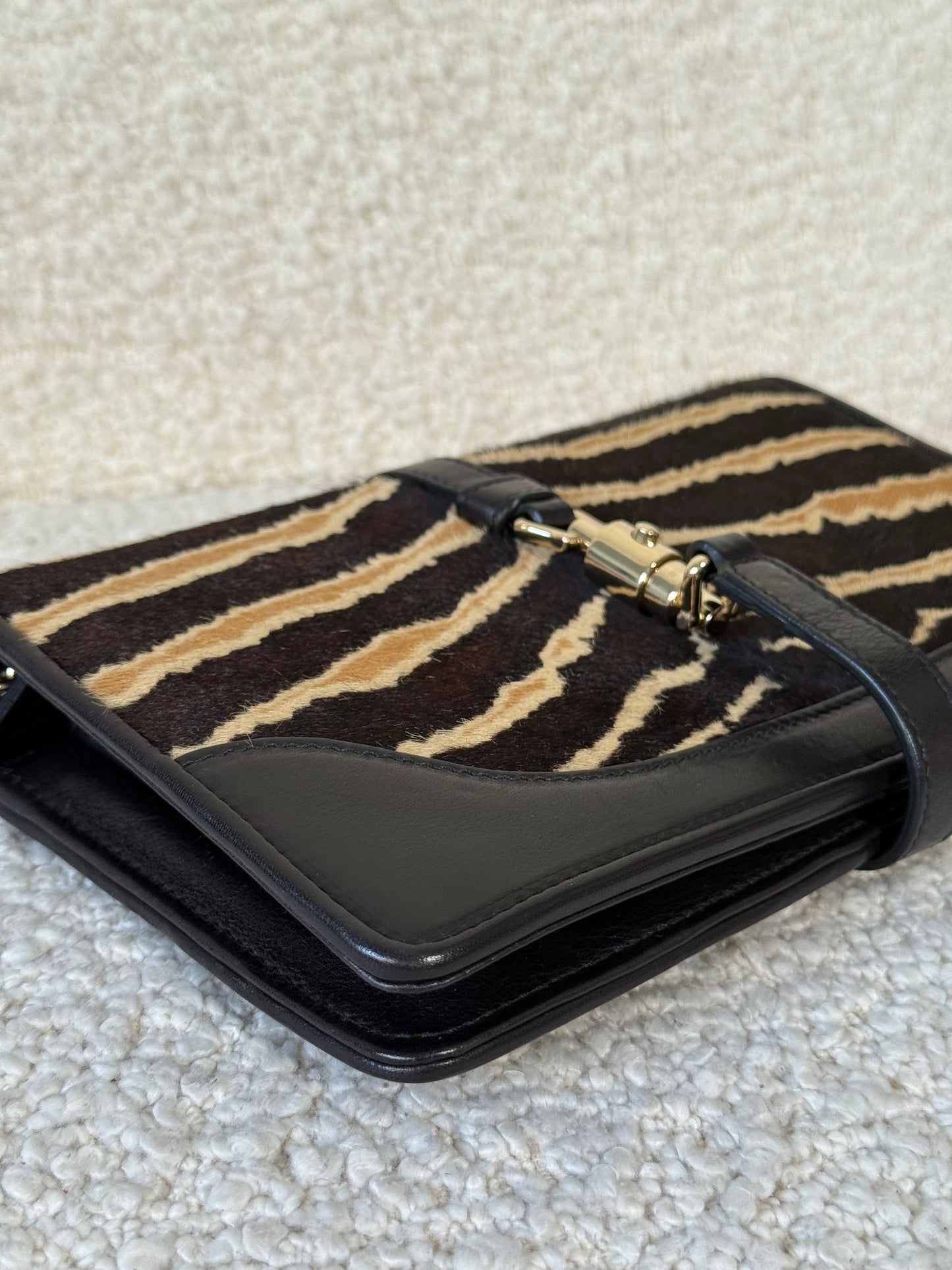 Gucci Zebra Broadway Piston Lock Chain Clutch Calf Hair
