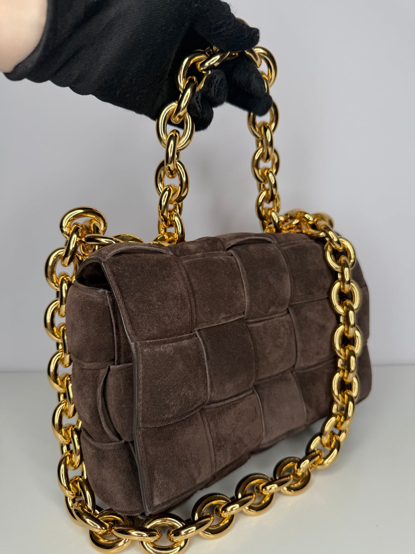 Bottega Veneta Dark Brown Suede Chain Cassette Crossbody Bag