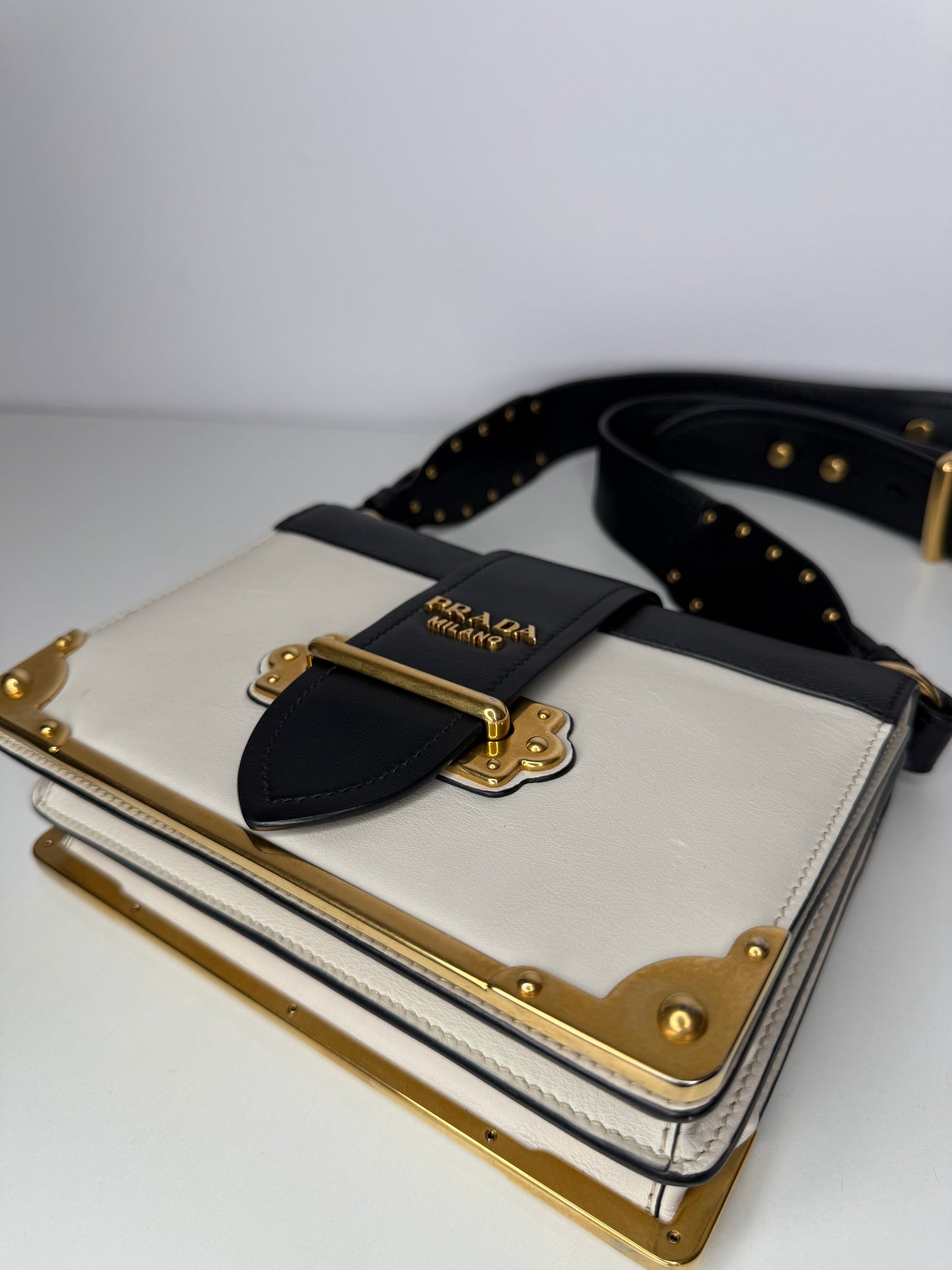 Prada Black/White Saffiano Leather Cahier Flap Shoulder Bag