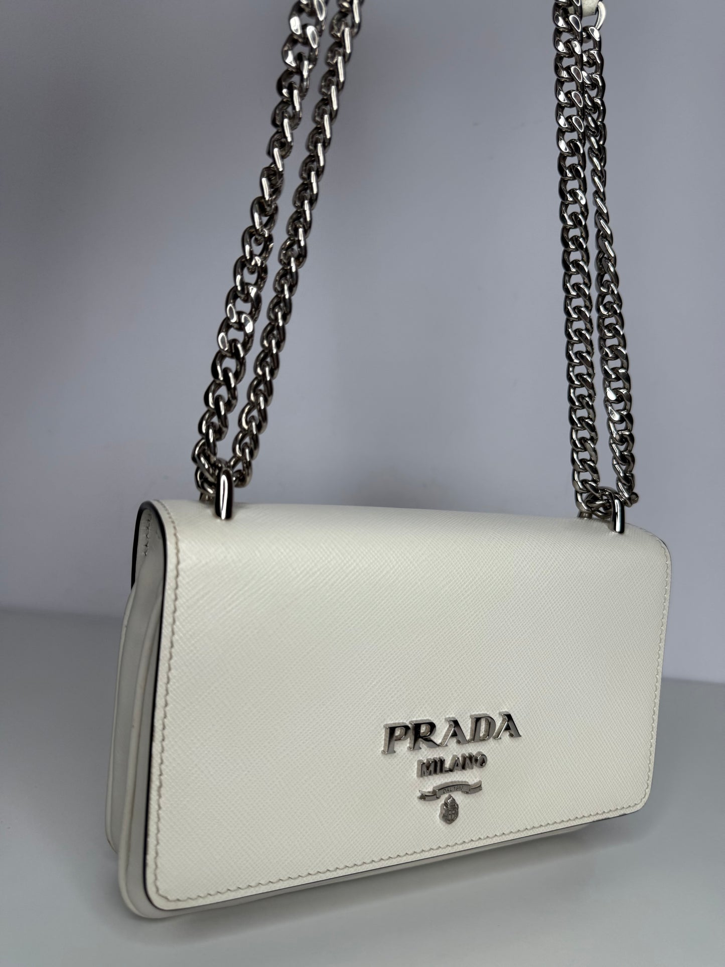 Prada Soft Calfskin Saffiano Leather Chain Crossbody Bag White