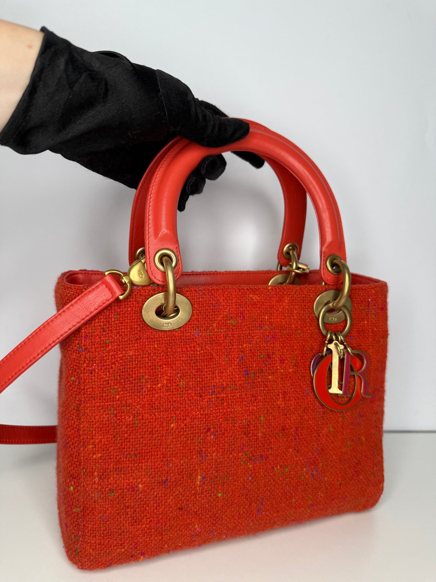 Christian Dior Vintage Orange Tweed Lady Dior Medium Bag