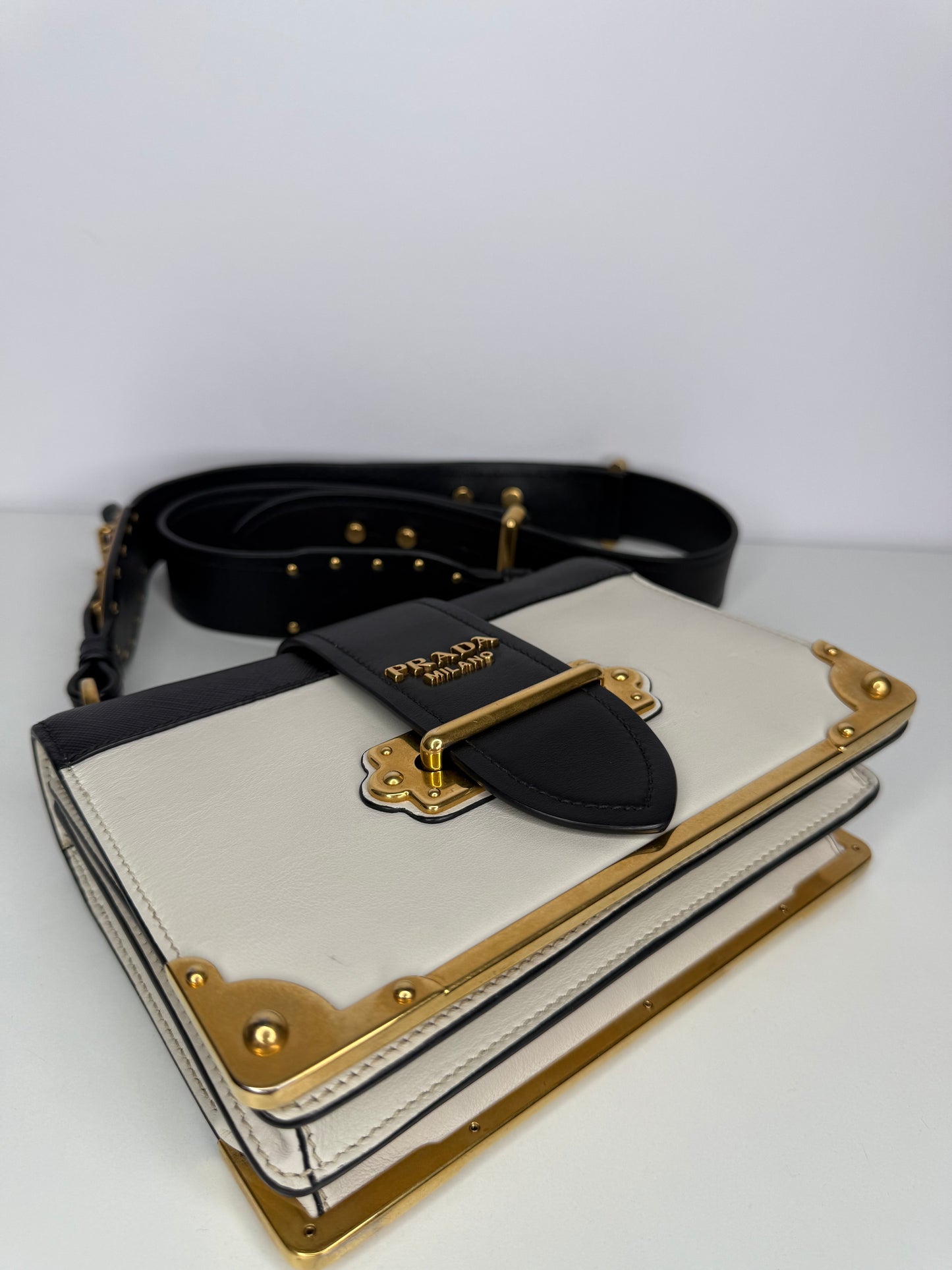 Prada Black/White Saffiano Leather Cahier Flap Shoulder Bag