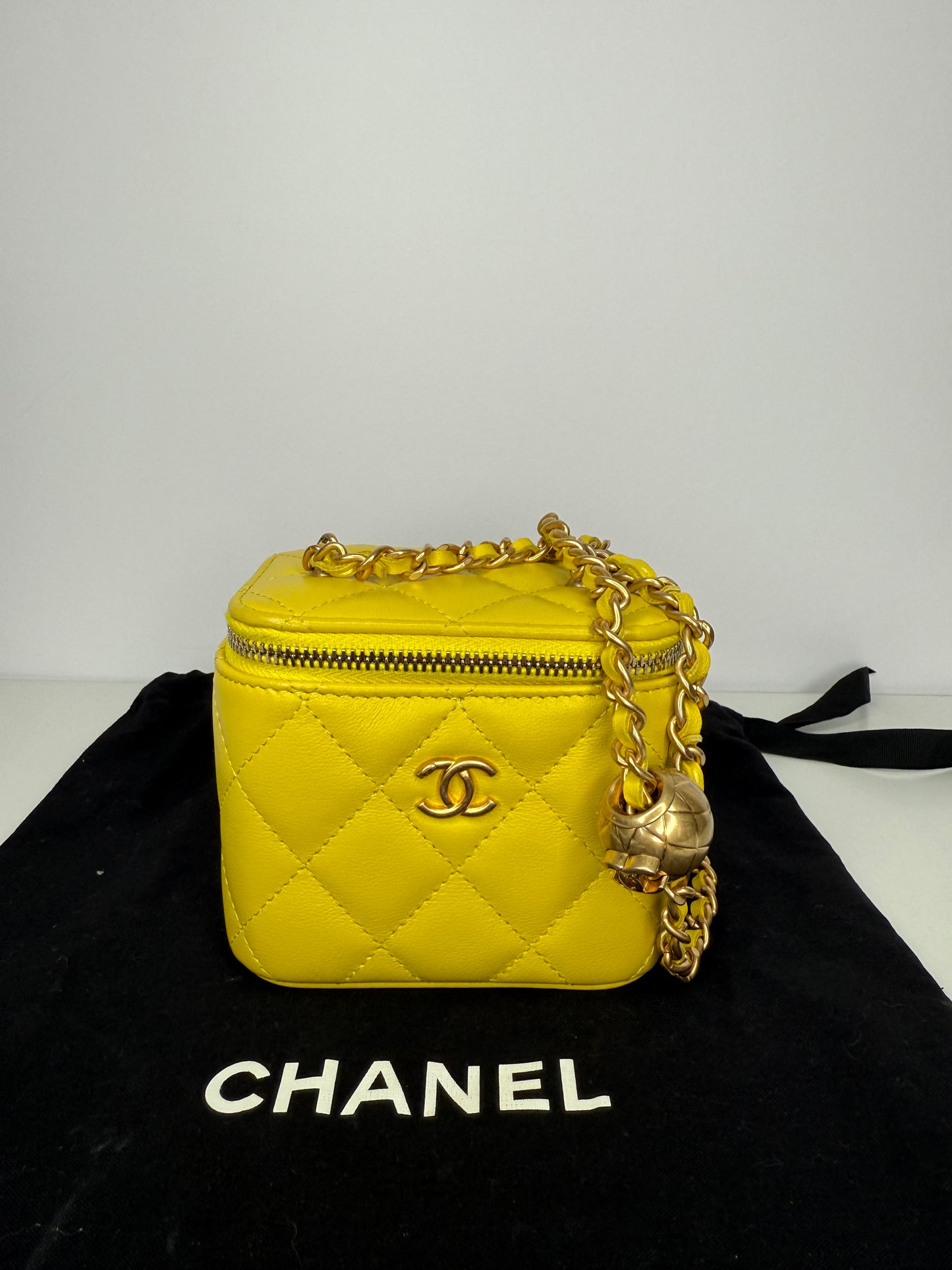 Chanel Yellow Lambskin Quilted Pearl Crush Mini Vanity Case