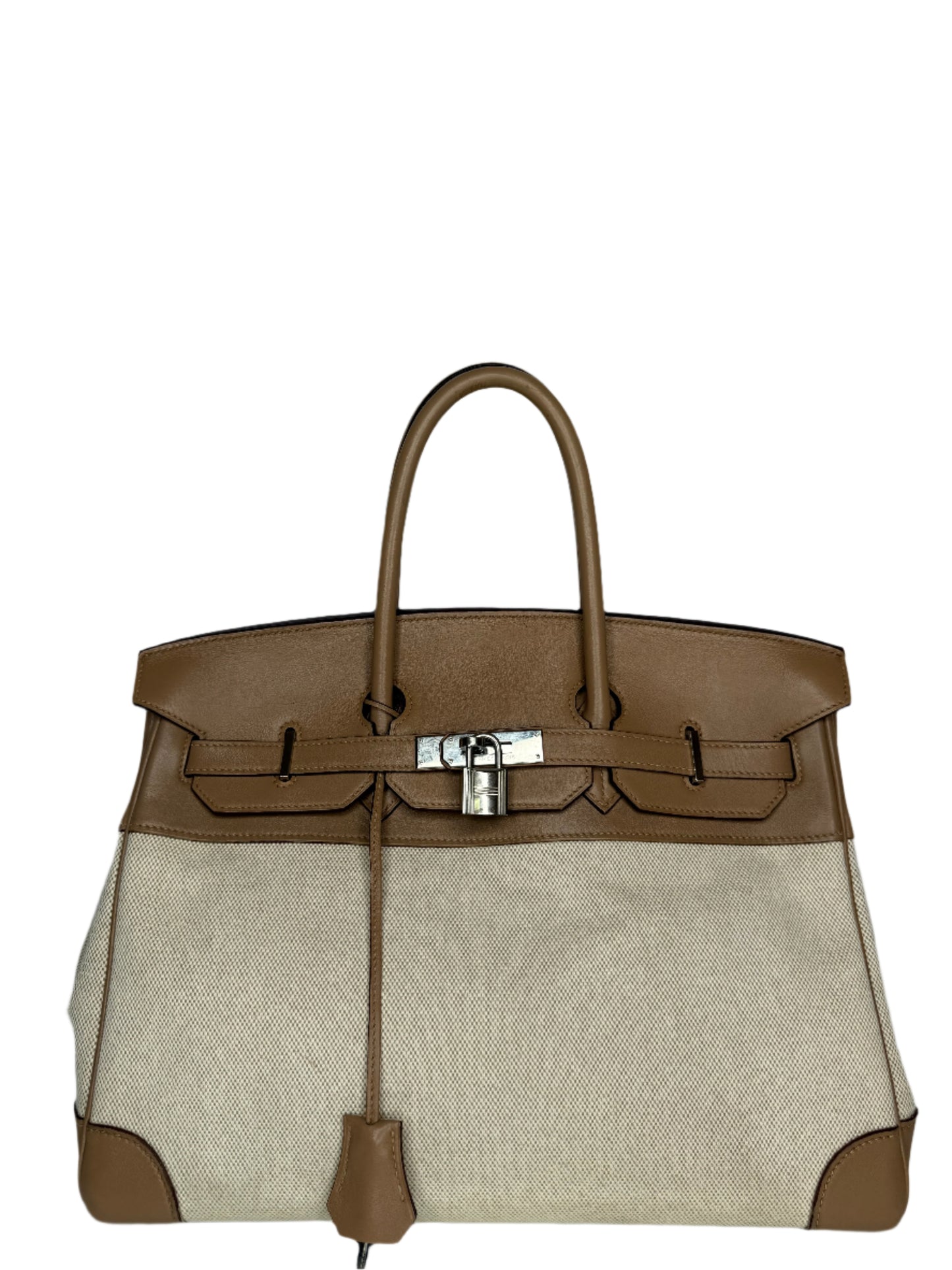 Hermès Limited Edition Birkin 35 Toile and Swift Biscuit Leather Palladium Hardware