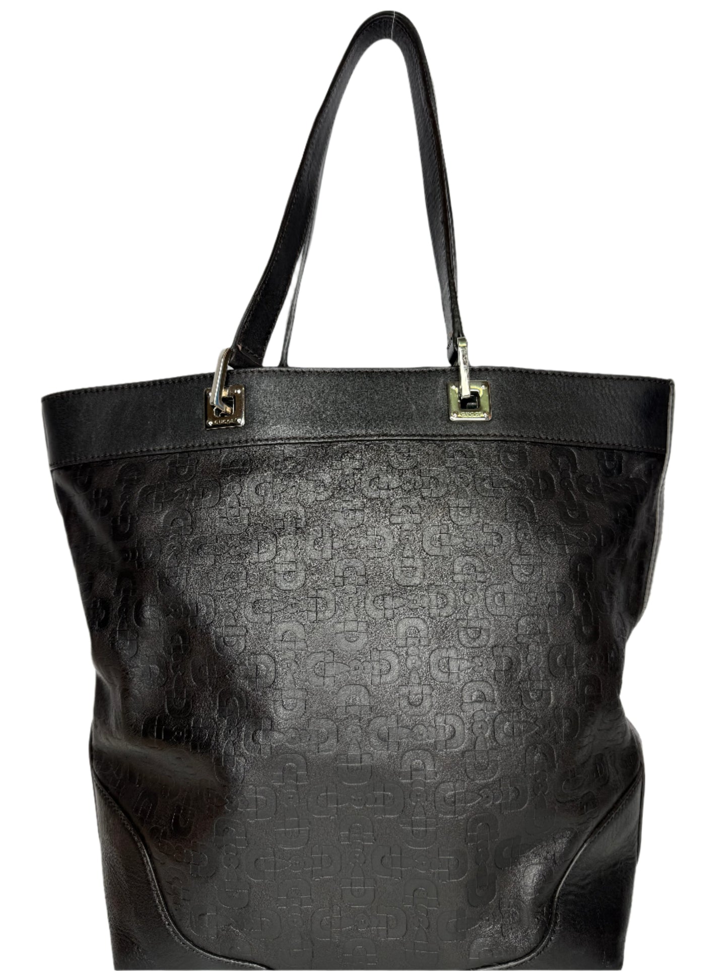 Gucci Black Embossed Leather Horsebit Tote Bag