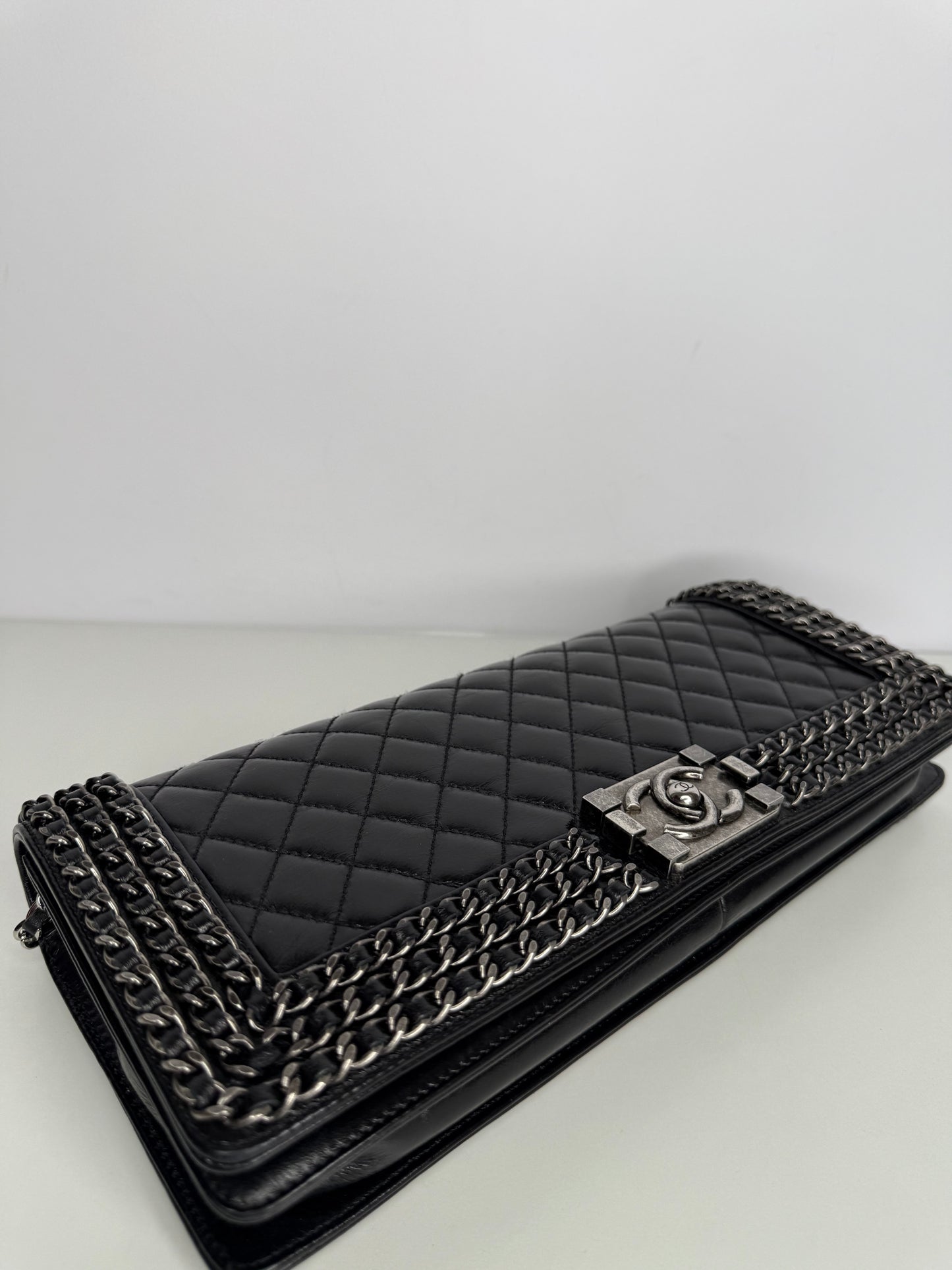 Chanel Limited Edition Black Glazed Calfskin Triple Chain Around Le Boy Flap Bag