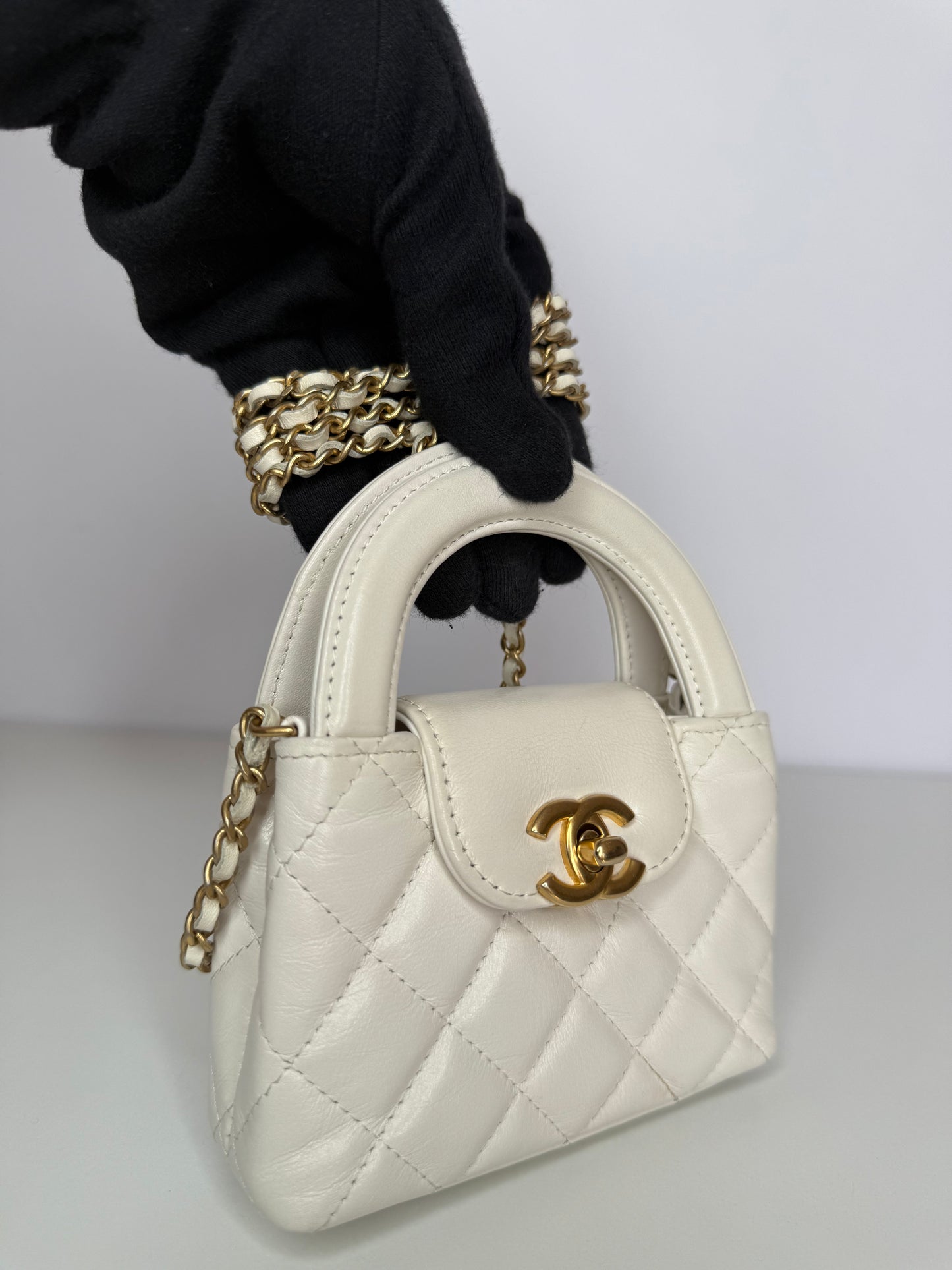 Chanel Micro Kelly White Shiny Aged Calfskin Brushed Gold Hardware