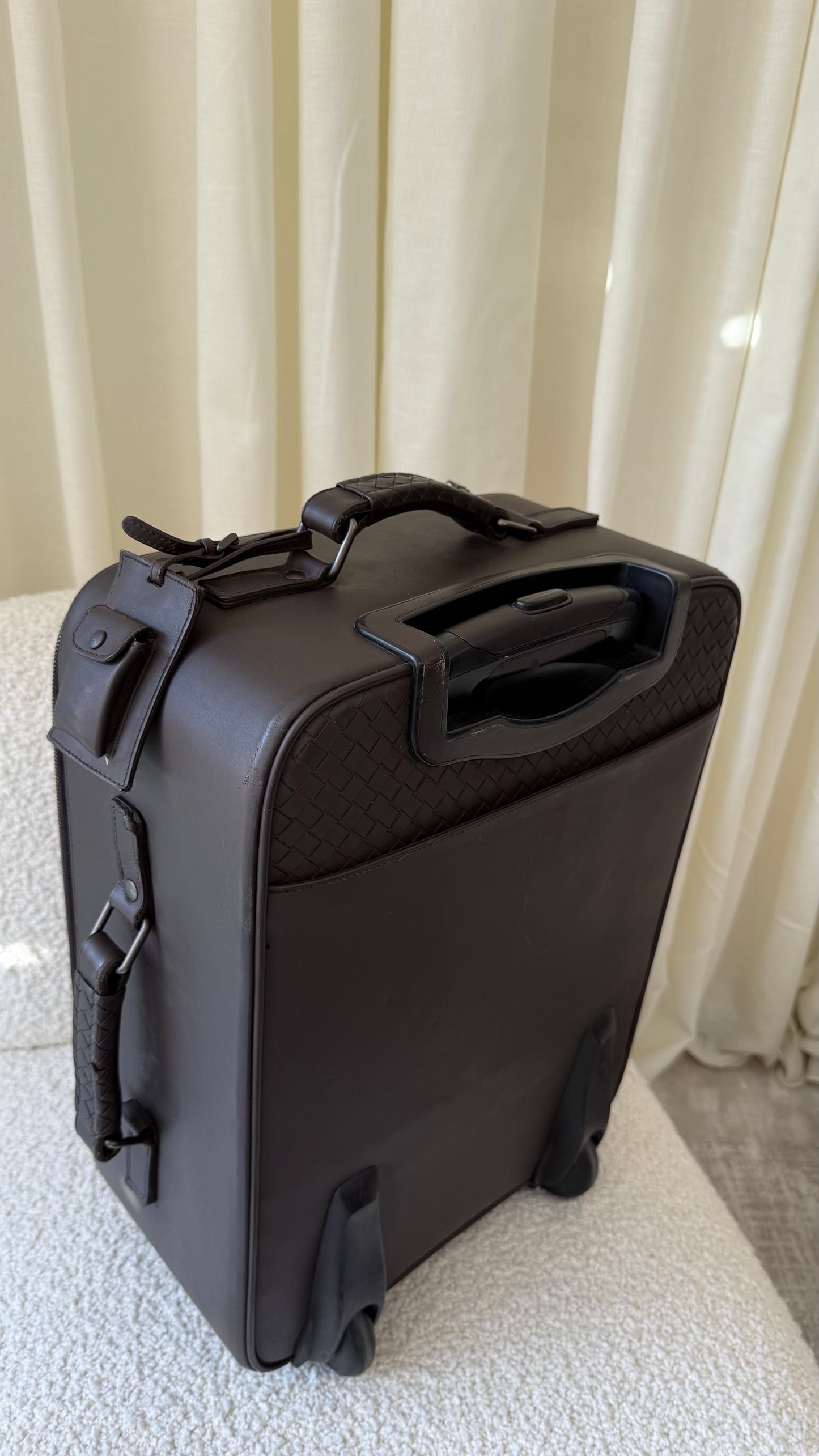 Bottega Veneta Chocolate Intrecciato Woven Leather Travel Trolley Suitcase