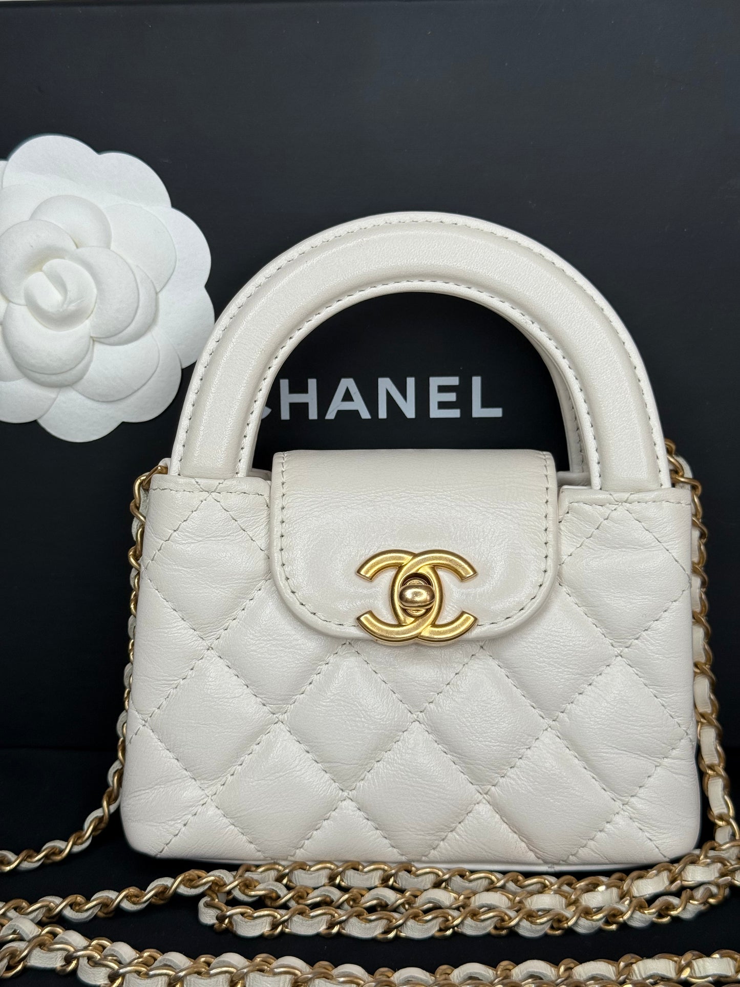 Chanel Micro Kelly White Shiny Aged Calfskin Brushed Gold Hardware