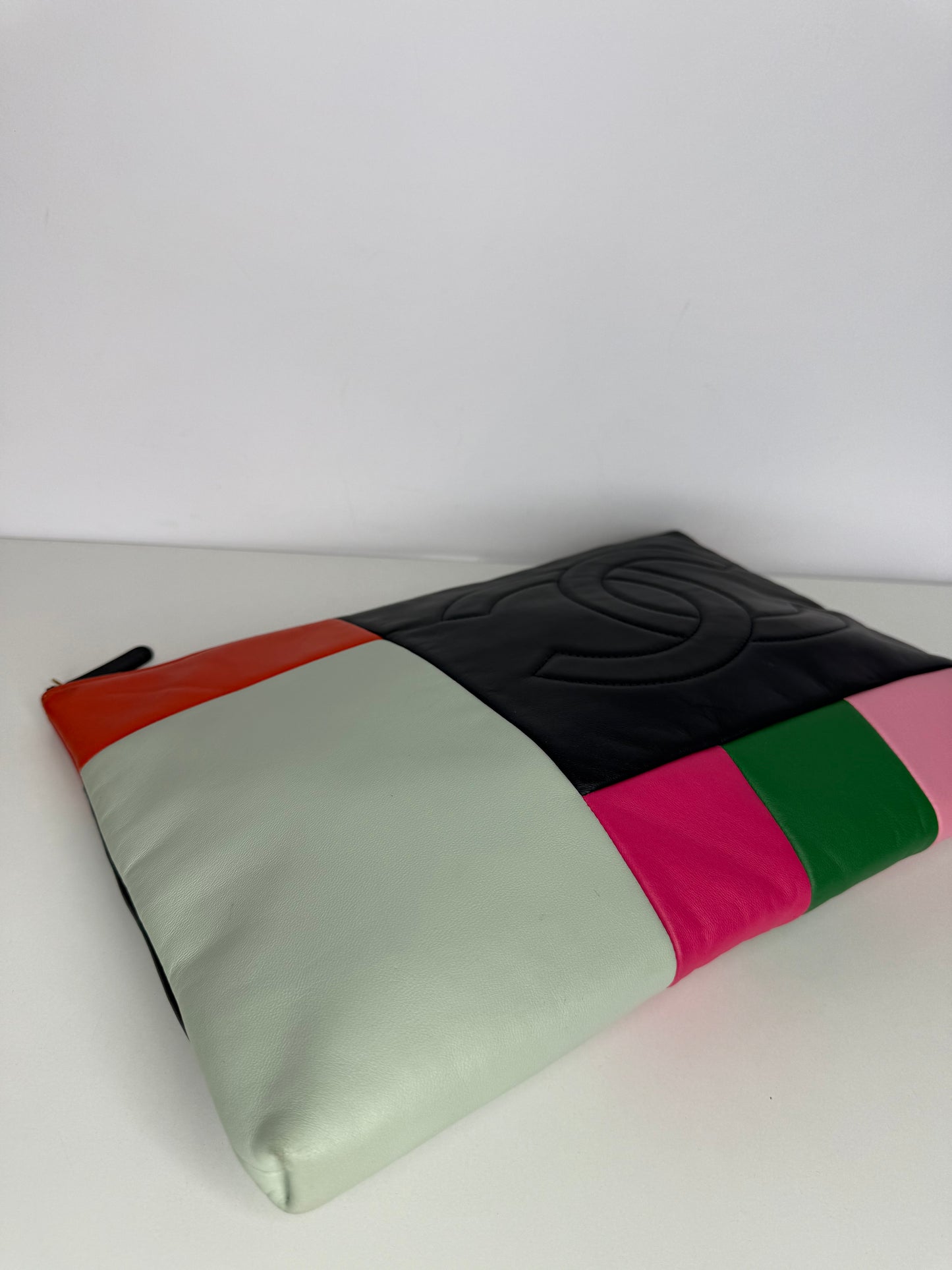 Chanel Multicolore Calfskin Leather Patchwork O-Case Large Zip Pouch