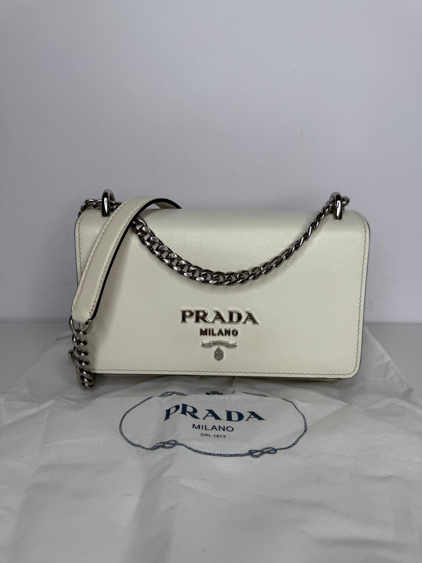 Prada Soft Calfskin Saffiano Leather Chain Crossbody Bag White