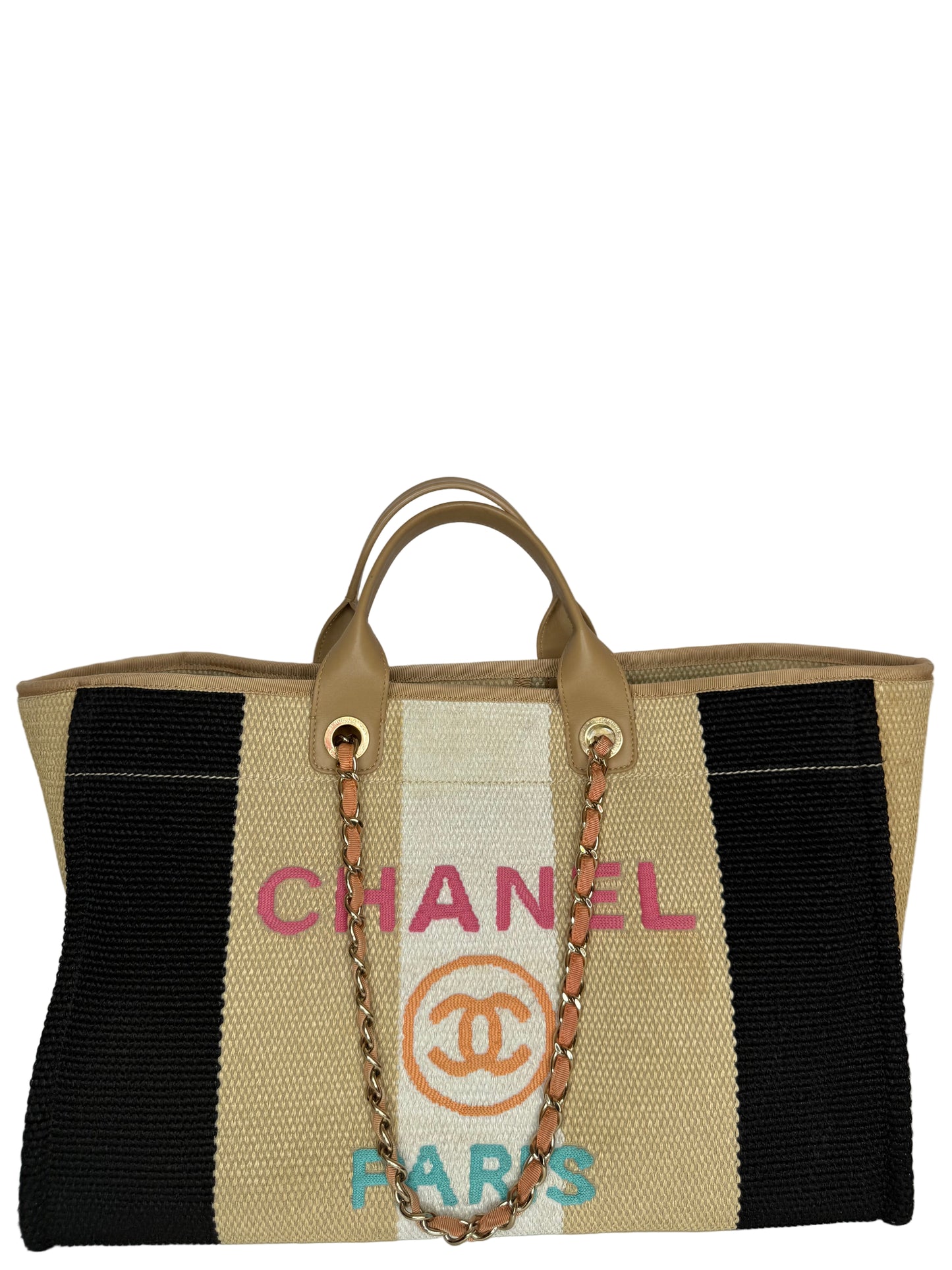 Chanel Large Striped Raffia Deauville Shopping Tote Bag