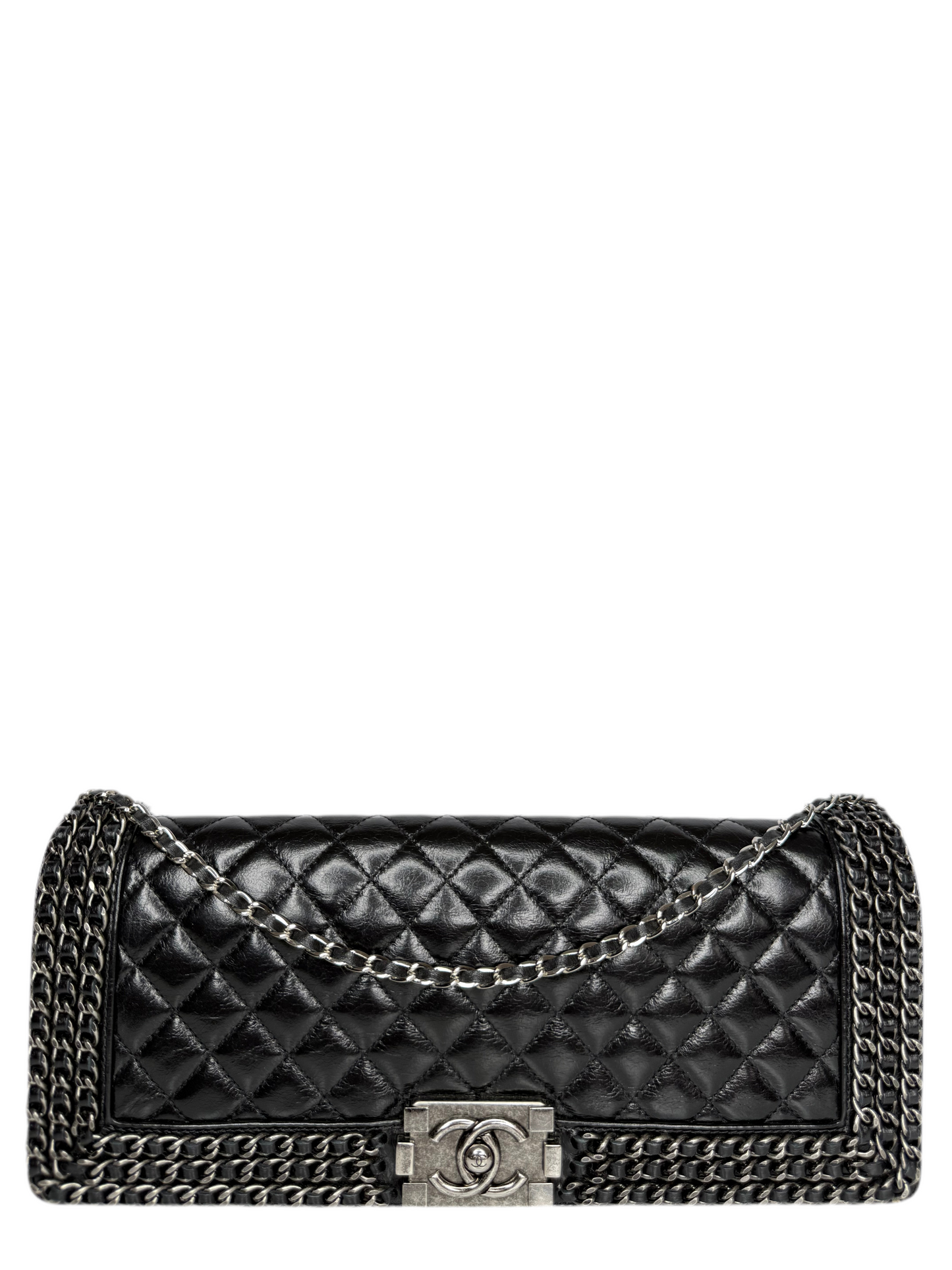 Chanel Limited Edition Black Glazed Calfskin Triple Chain Around Le Boy Flap Bag