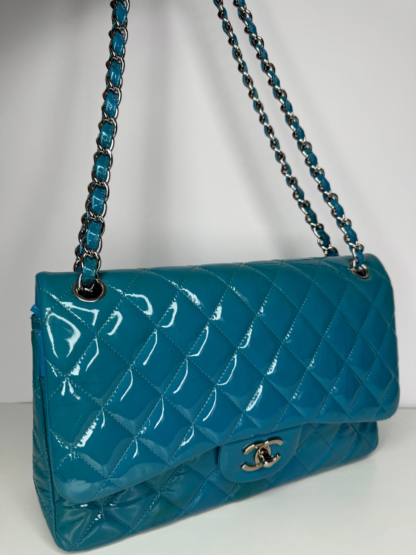 Chanel Blue Classic Jumbo Double Flap Quilted Patent Leather Bag