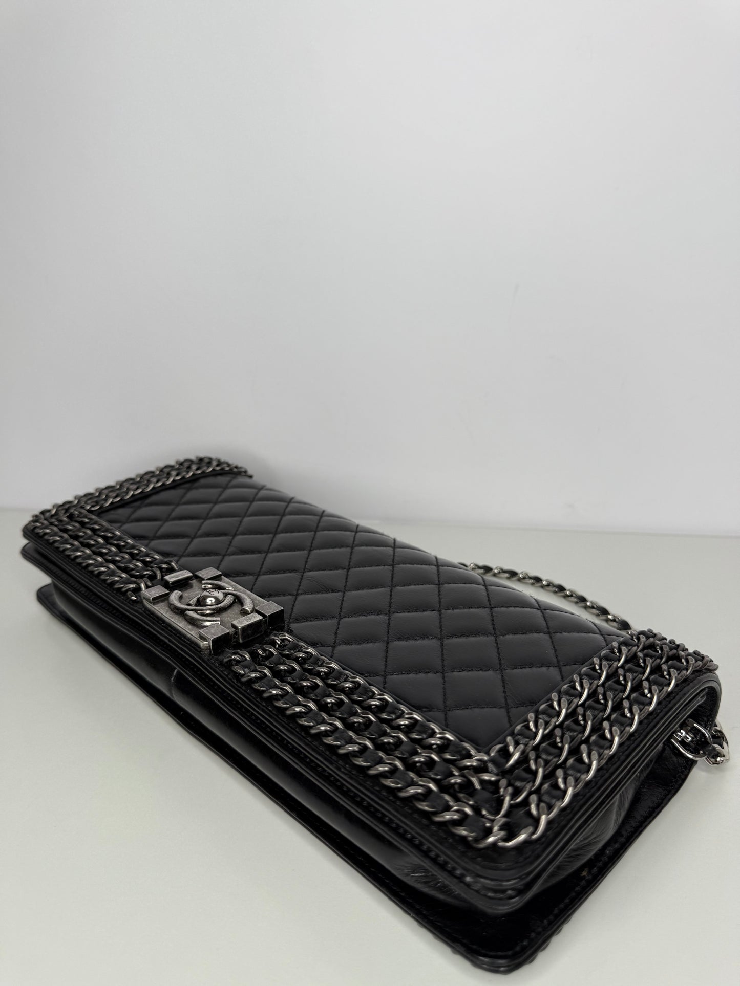 Chanel Limited Edition Black Glazed Calfskin Triple Chain Around Le Boy Flap Bag