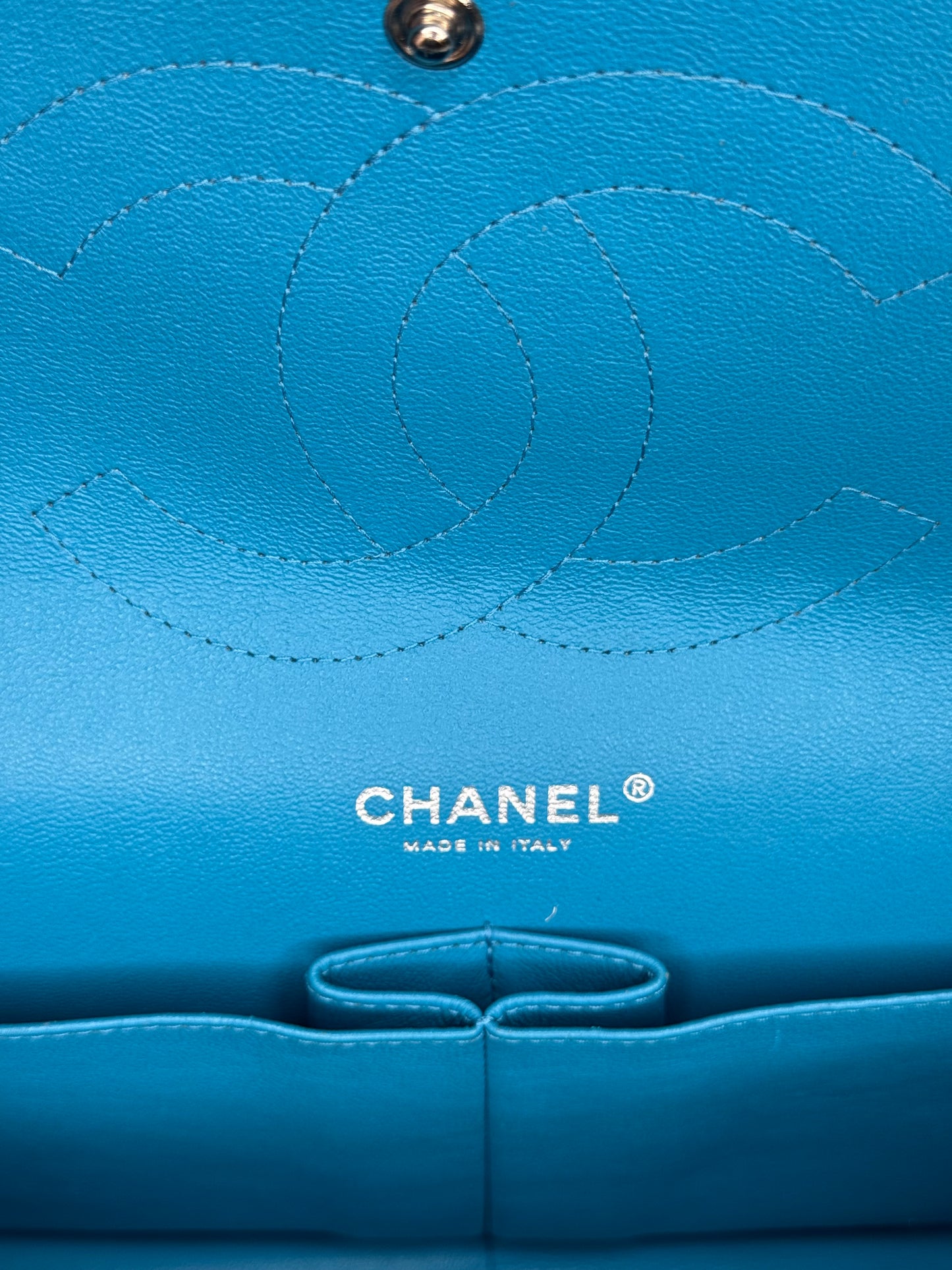Chanel Blue Classic Jumbo Double Flap Quilted Patent Leather Bag