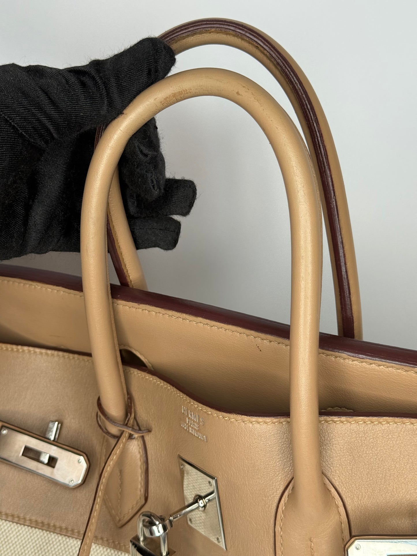 Hermès Limited Edition Birkin 35 Toile and Swift Biscuit Leather Palladium Hardware