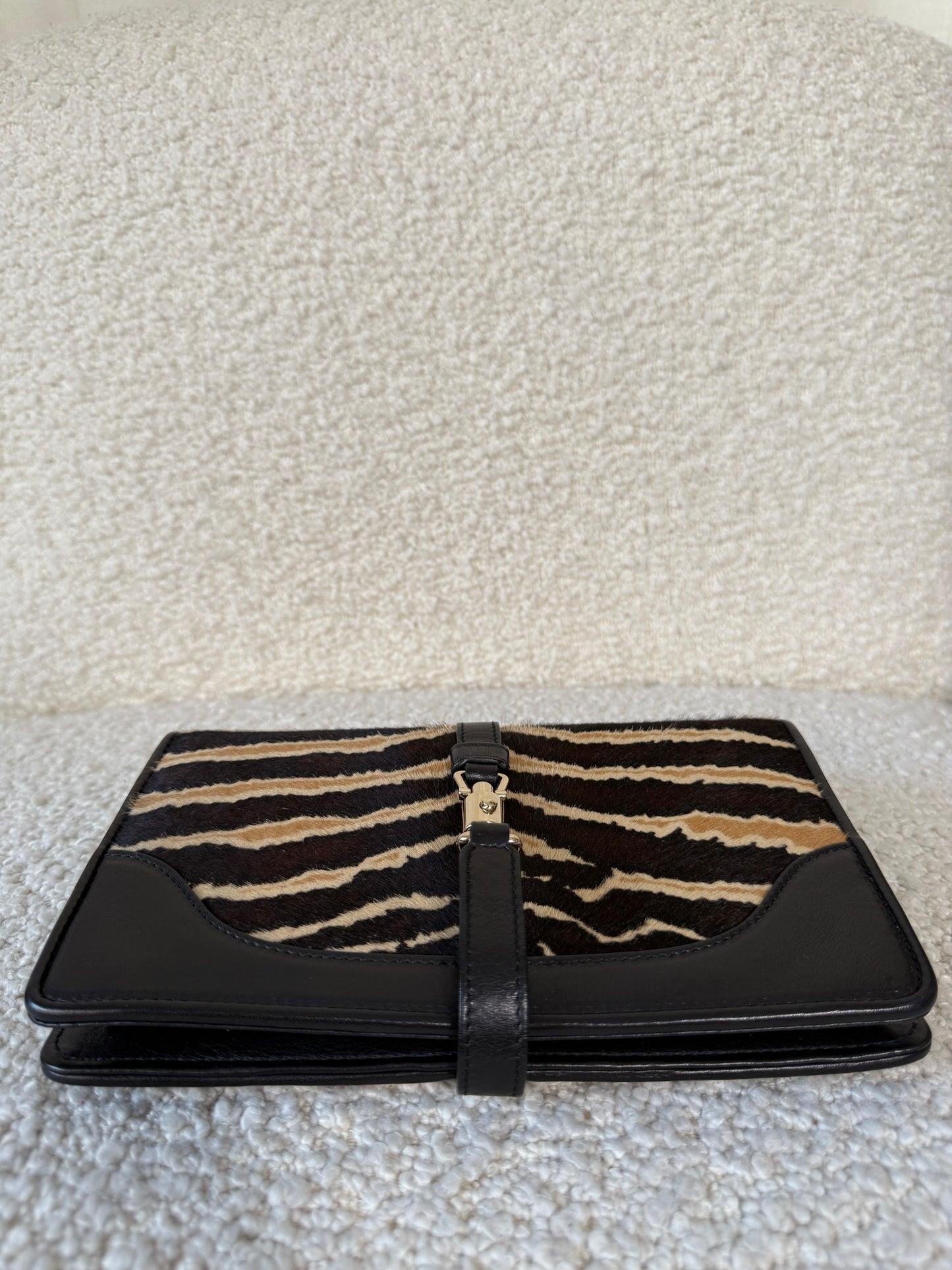 Gucci Zebra Broadway Piston Lock Chain Clutch Calf Hair