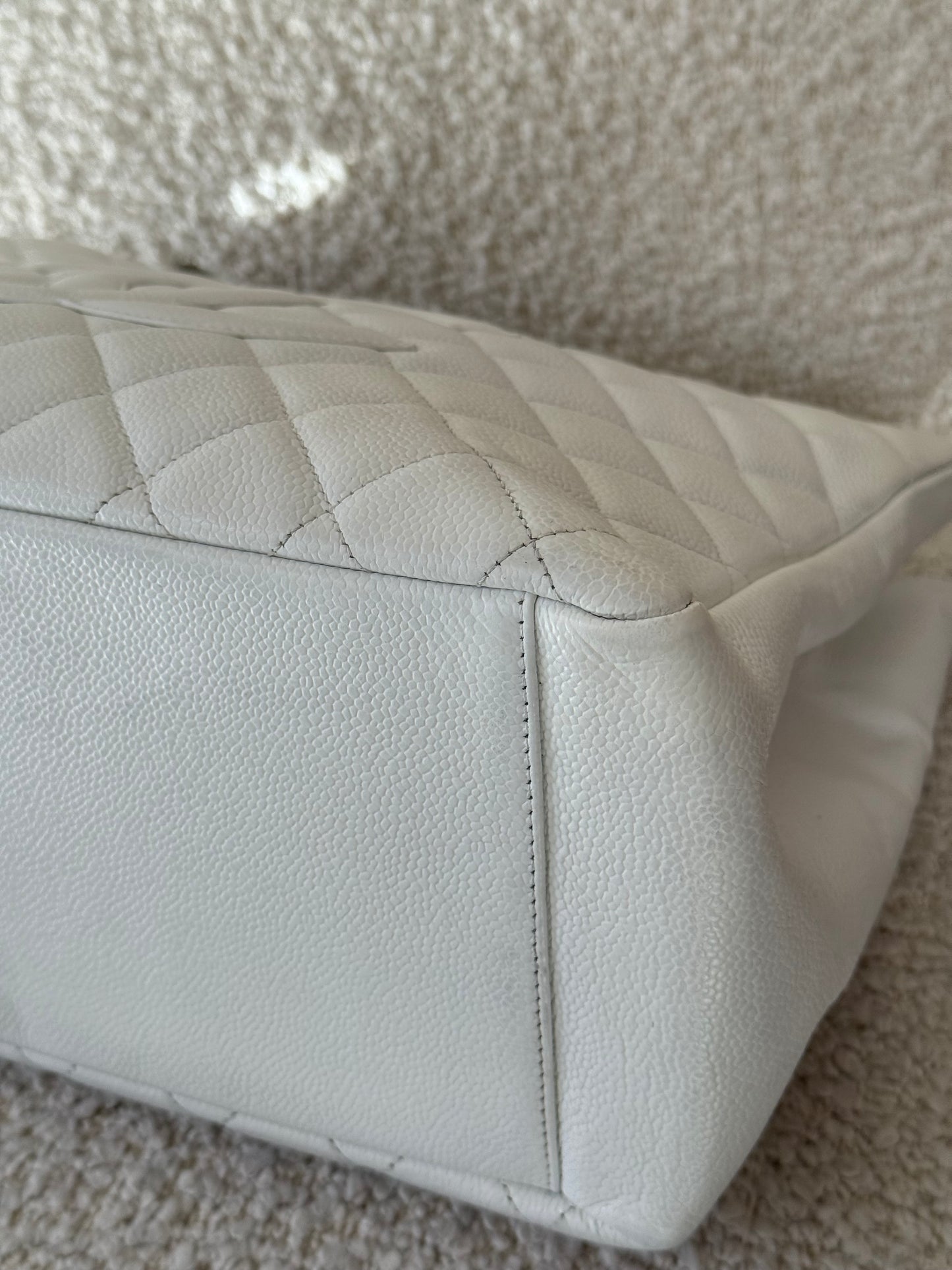 Chanel White Quilted Caviar Leather Grand Shopping Tote