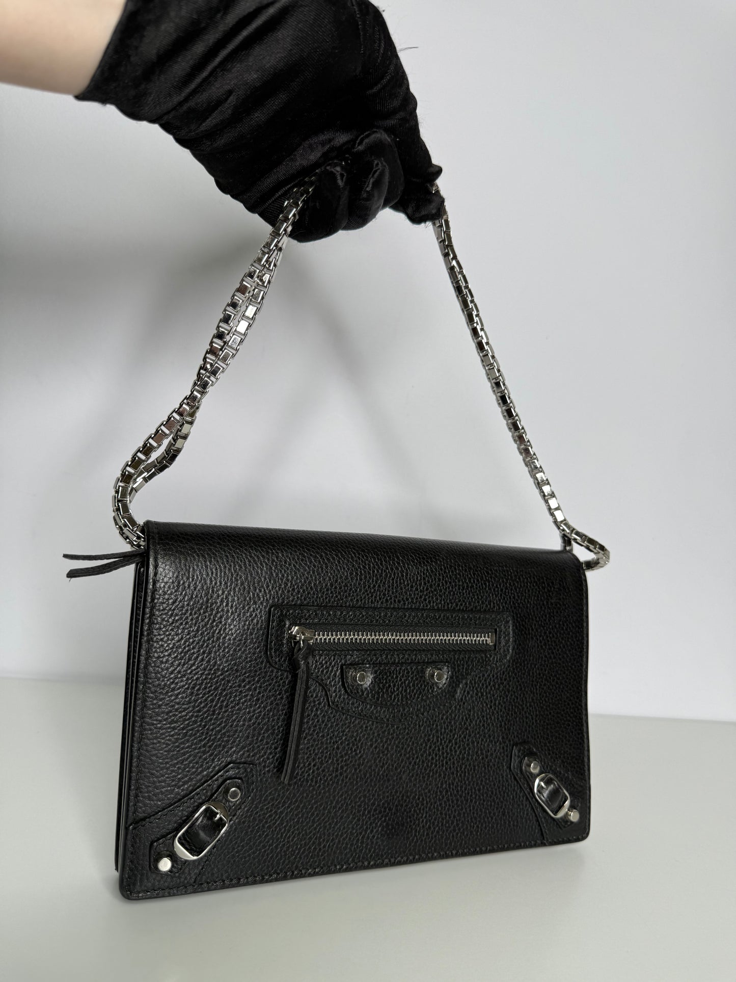 Balenciaga Grained Black Calfskin Silver Hardware Wallet on Chain