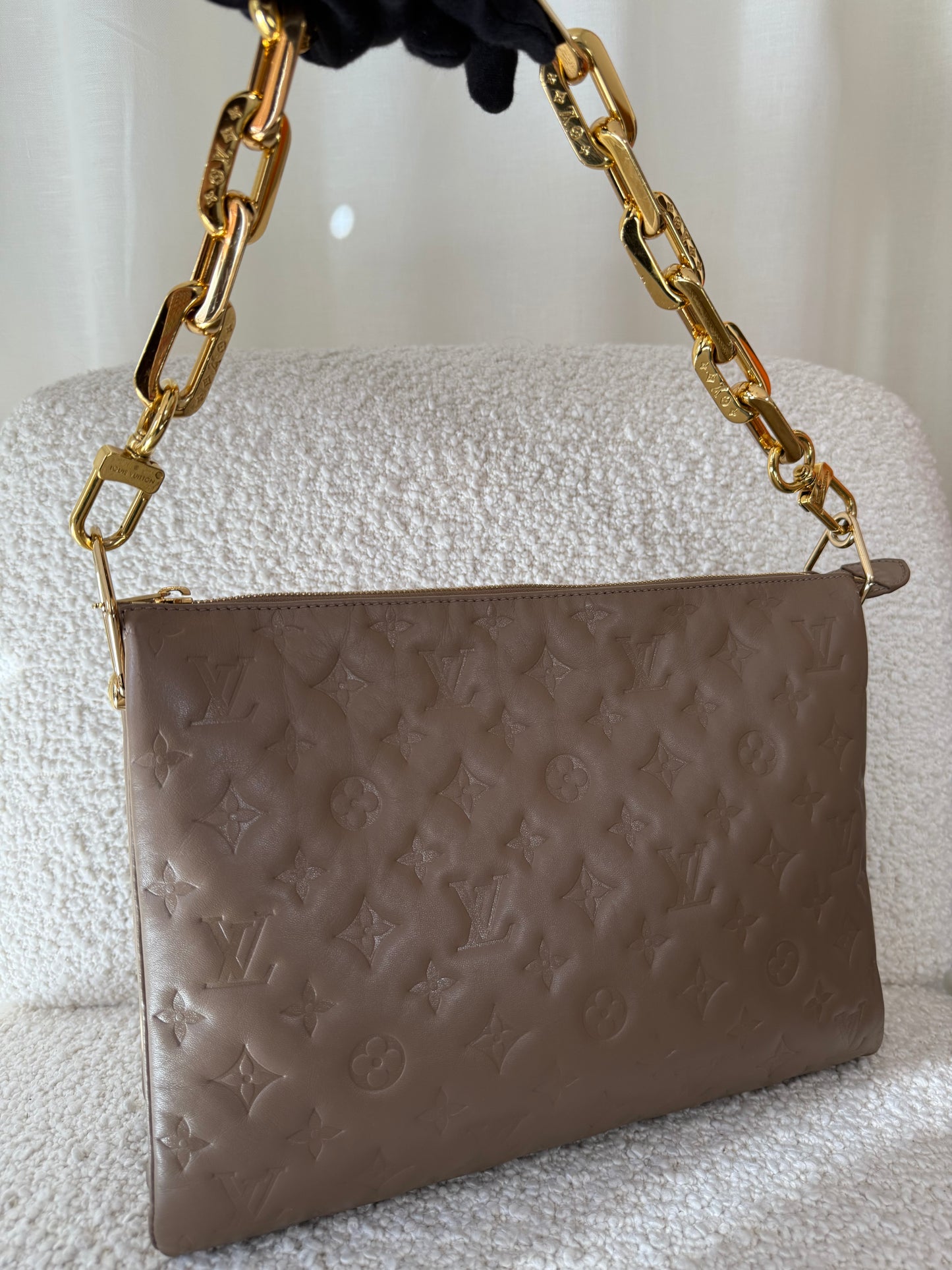 Louis Vuitton Coussin MM Taupe Monogram Embossed Puffy Lambskin