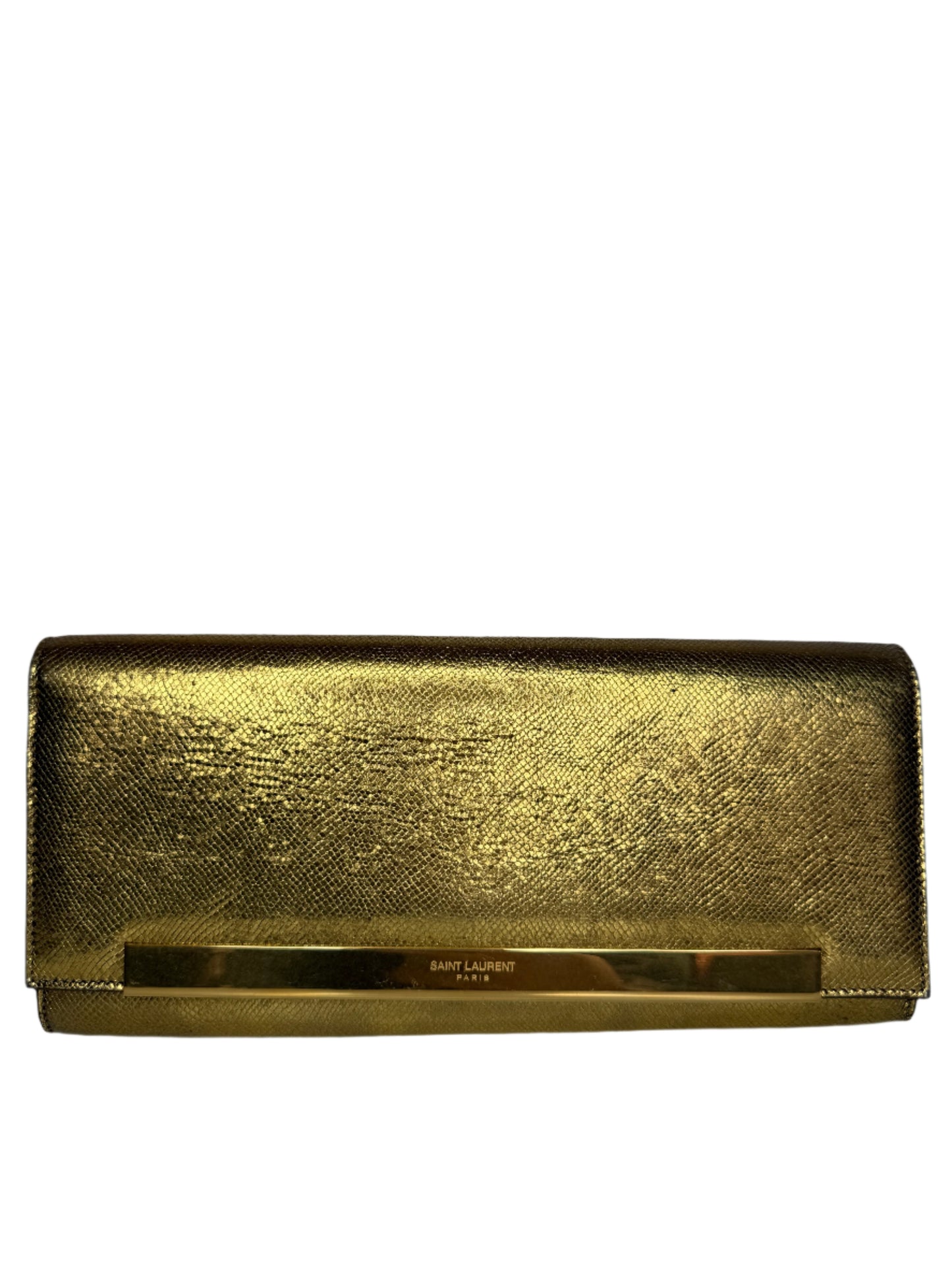 Saint Laurent Lutetia Flap Clutch Snakeskin Embossed Metallic Gold