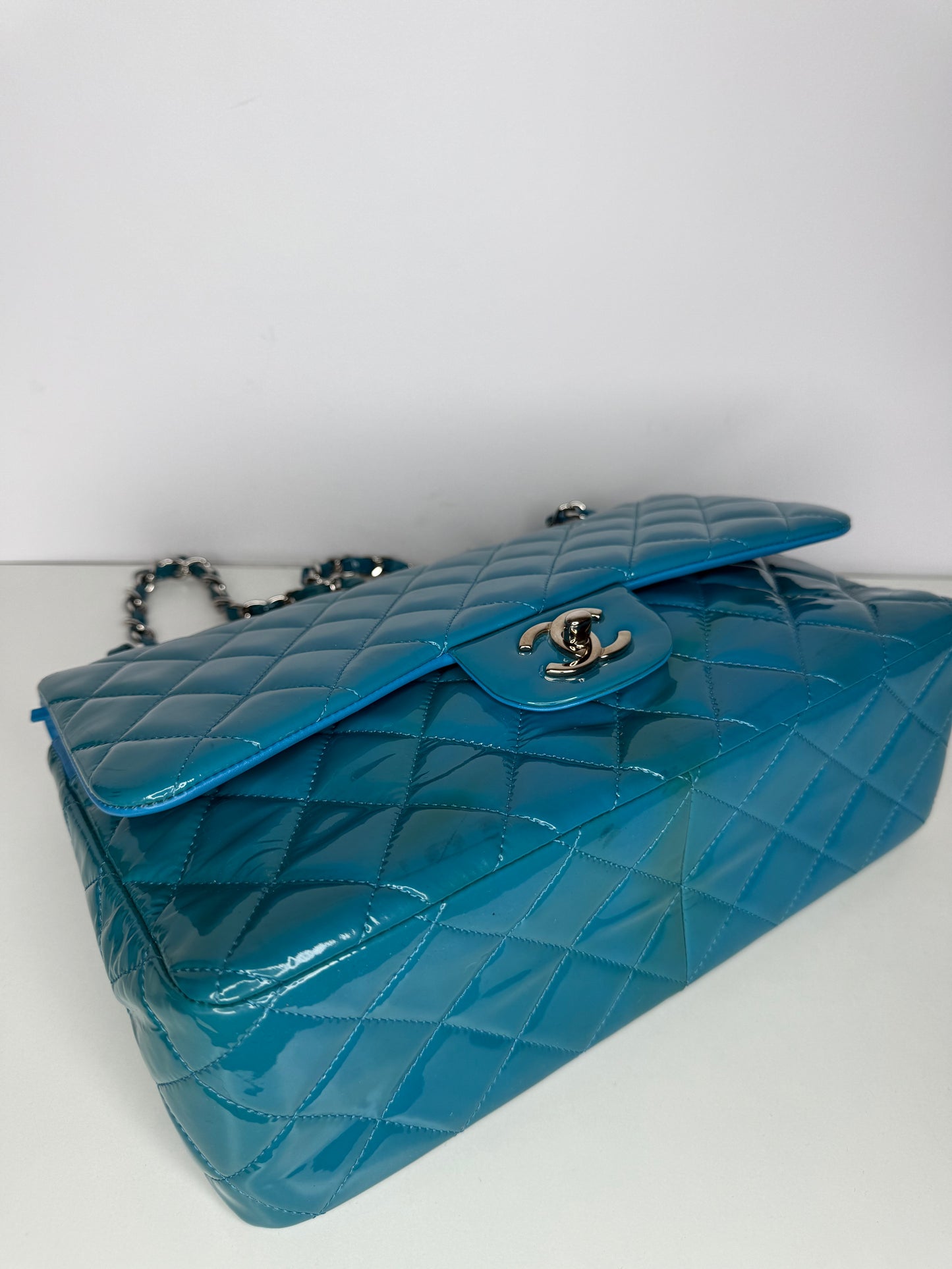 Chanel Blue Classic Jumbo Double Flap Quilted Patent Leather Bag