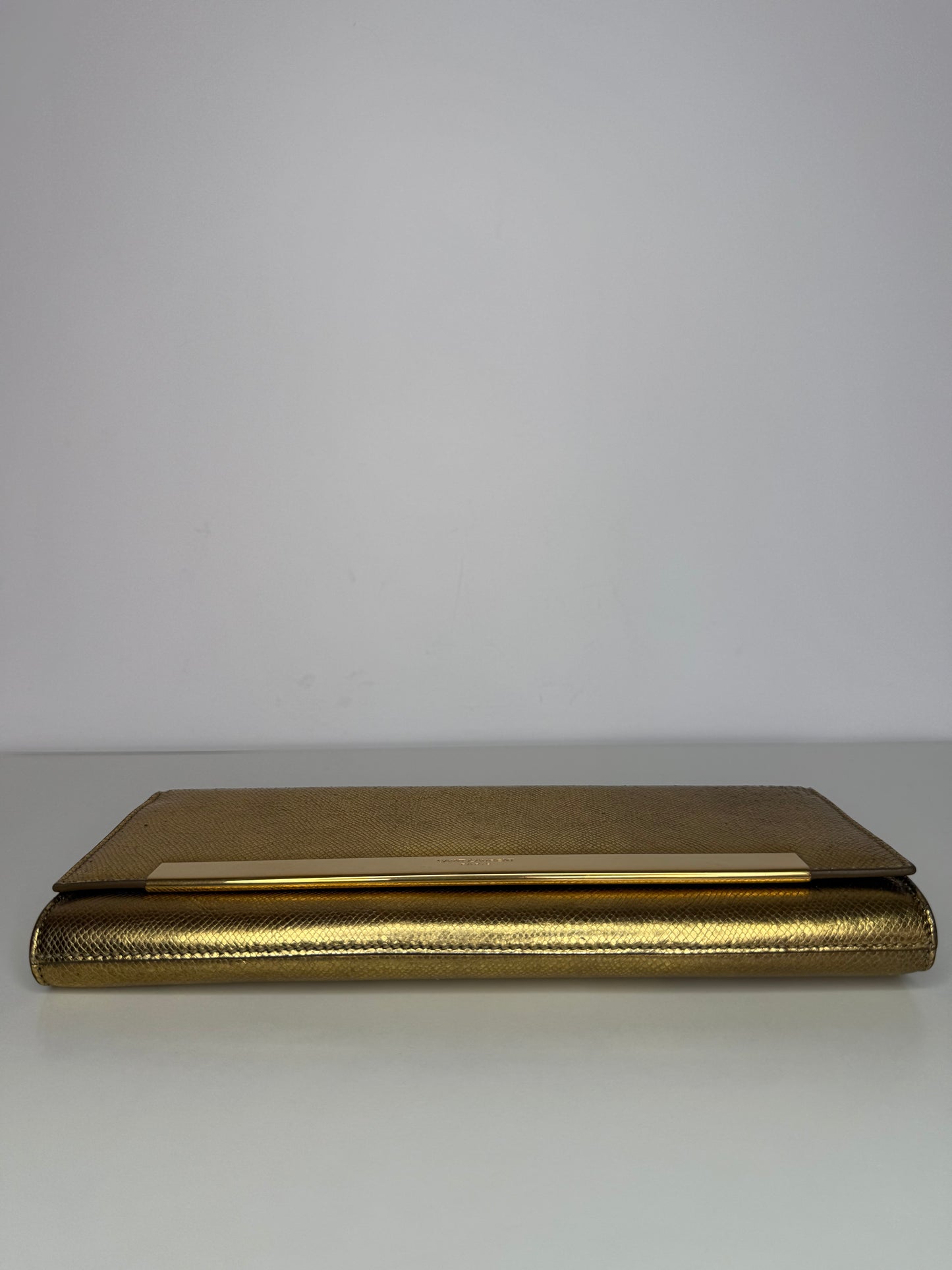 Saint Laurent Lutetia Flap Clutch Snakeskin Embossed Metallic Gold