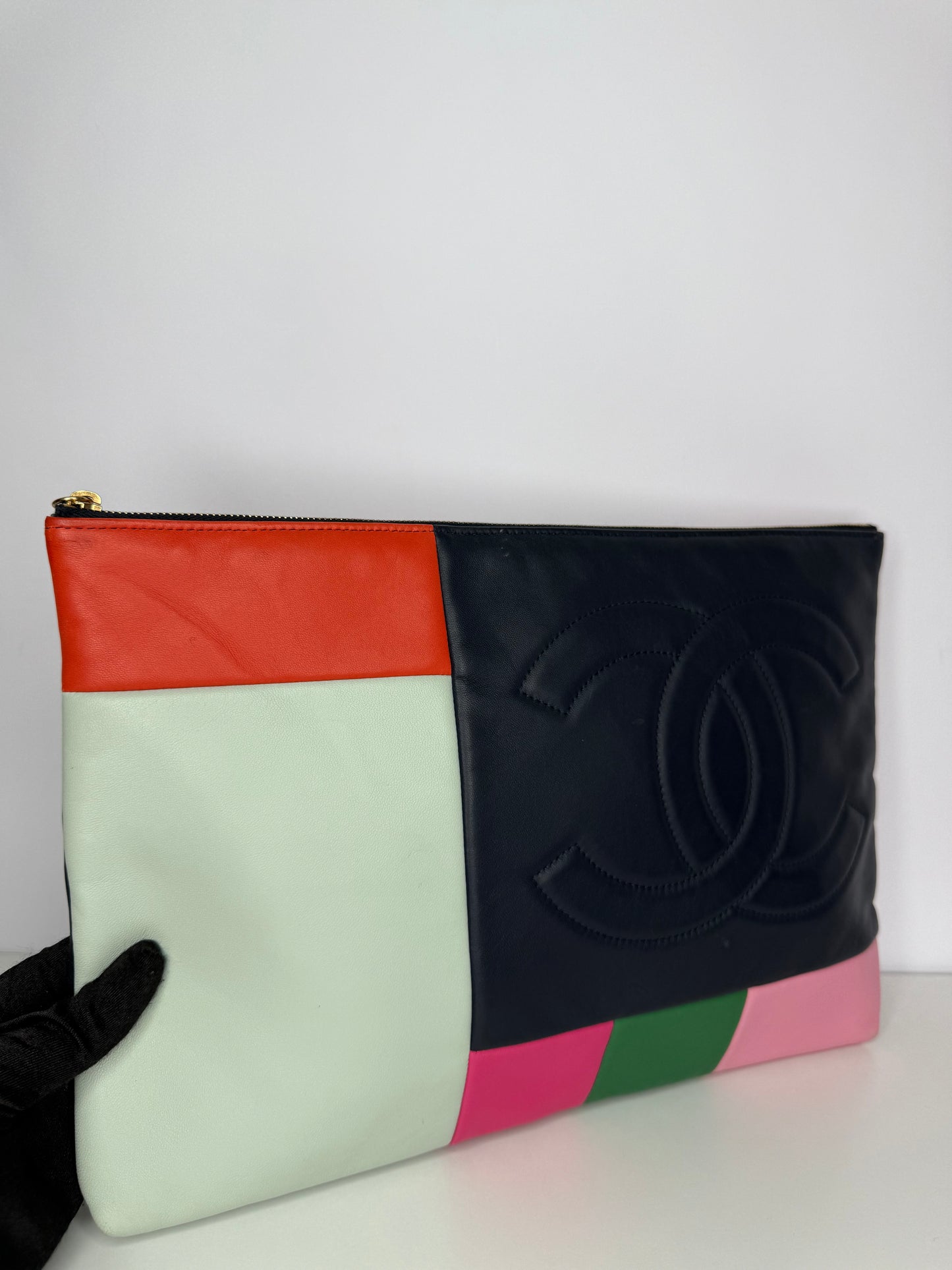 Chanel Multicolore Calfskin Leather Patchwork O-Case Large Zip Pouch