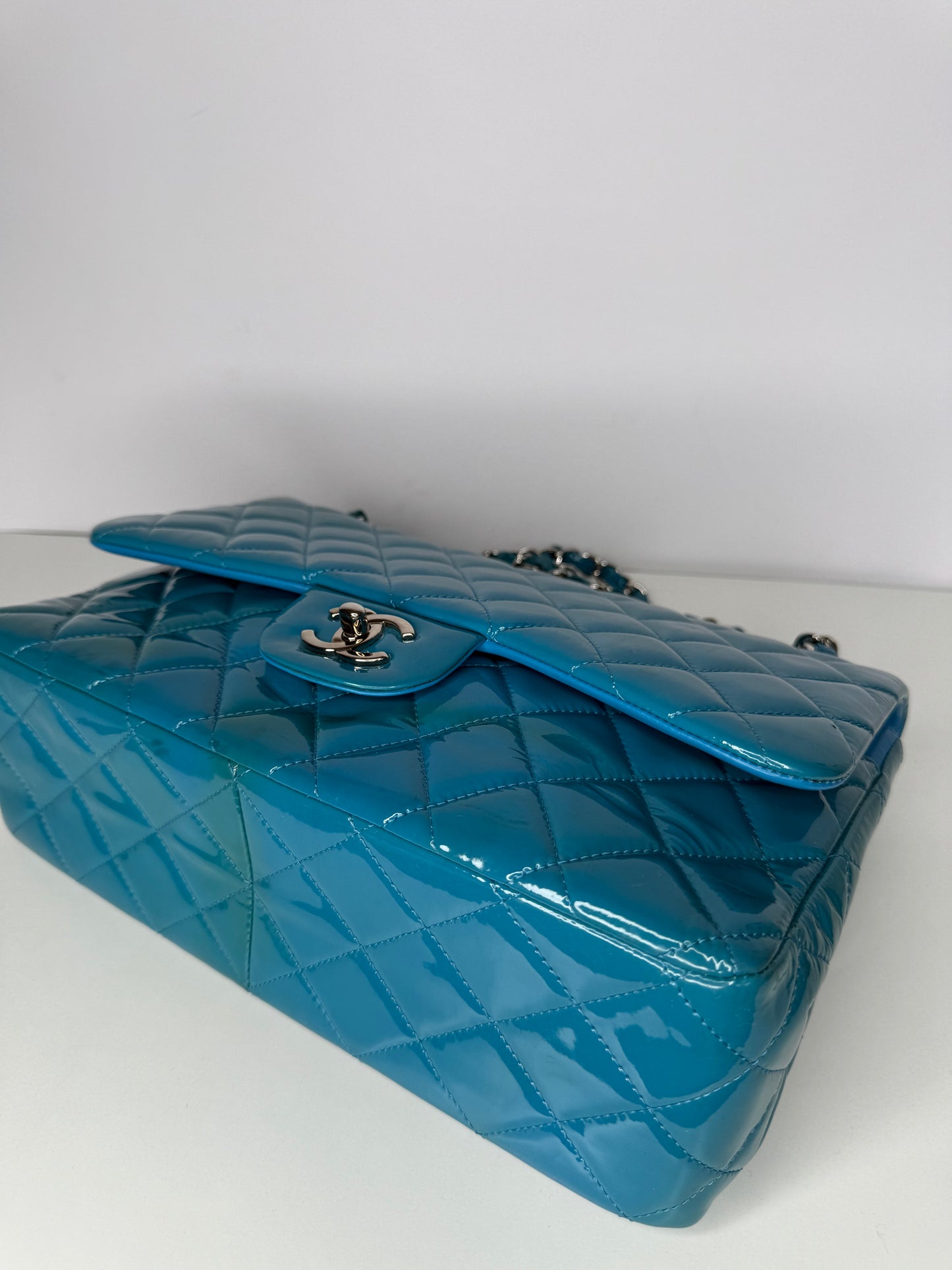 Chanel Blue Classic Jumbo Double Flap Quilted Patent Leather Bag