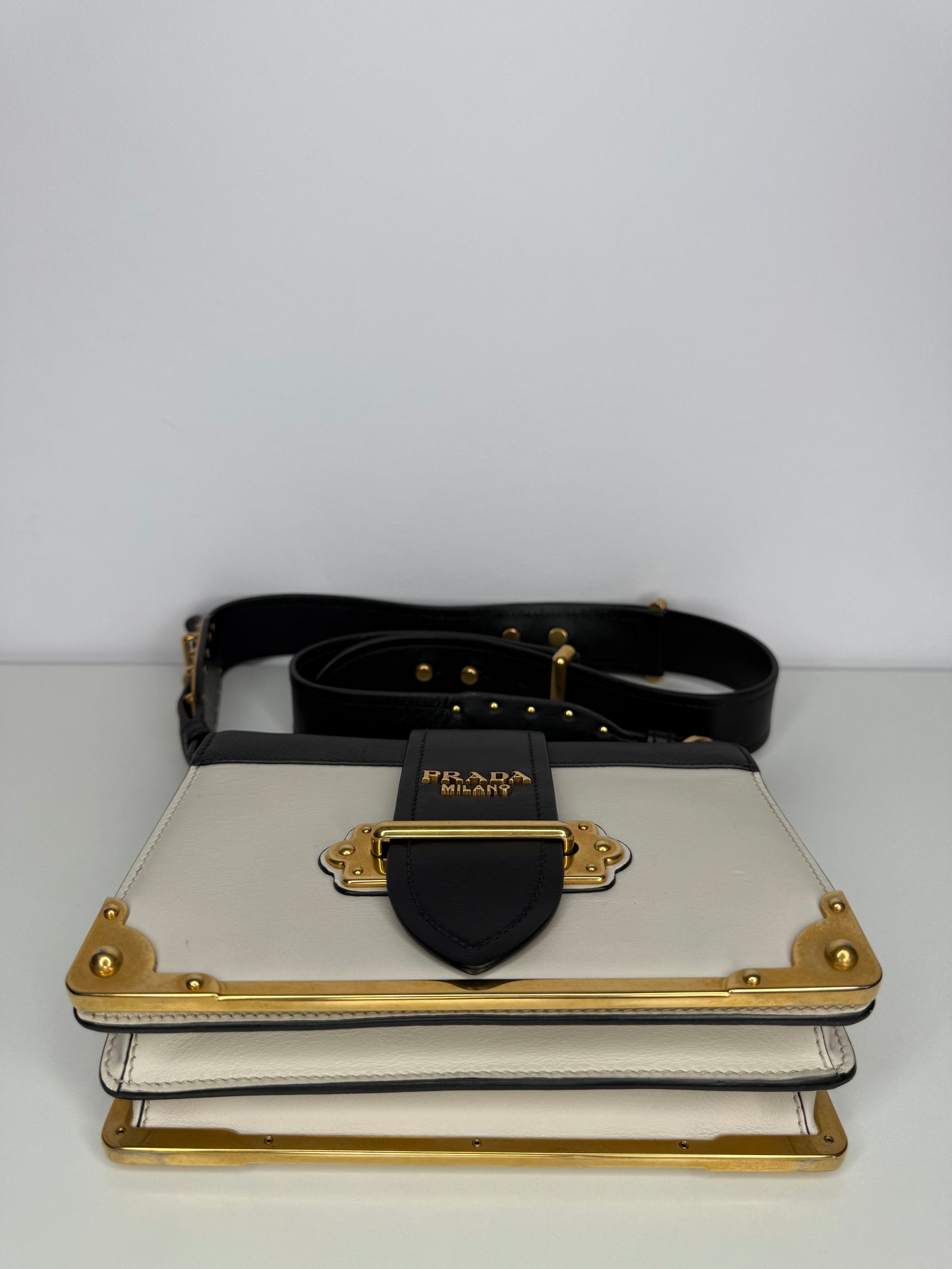 Prada Black/White Saffiano Leather Cahier Flap Shoulder Bag