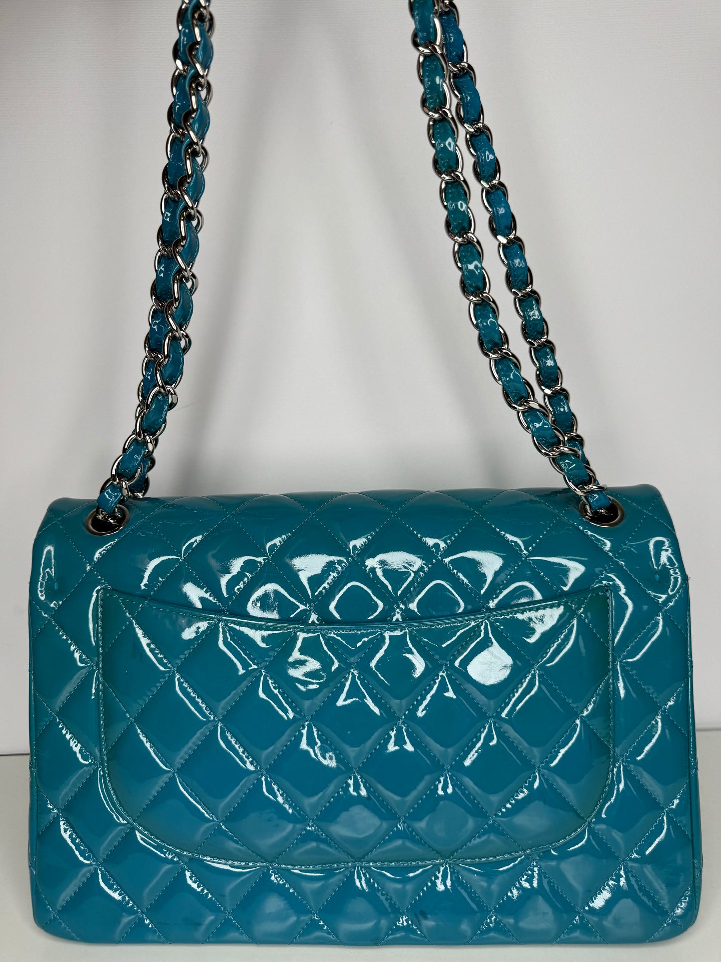 Chanel Blue Classic Jumbo Double Flap Quilted Patent Leather Bag