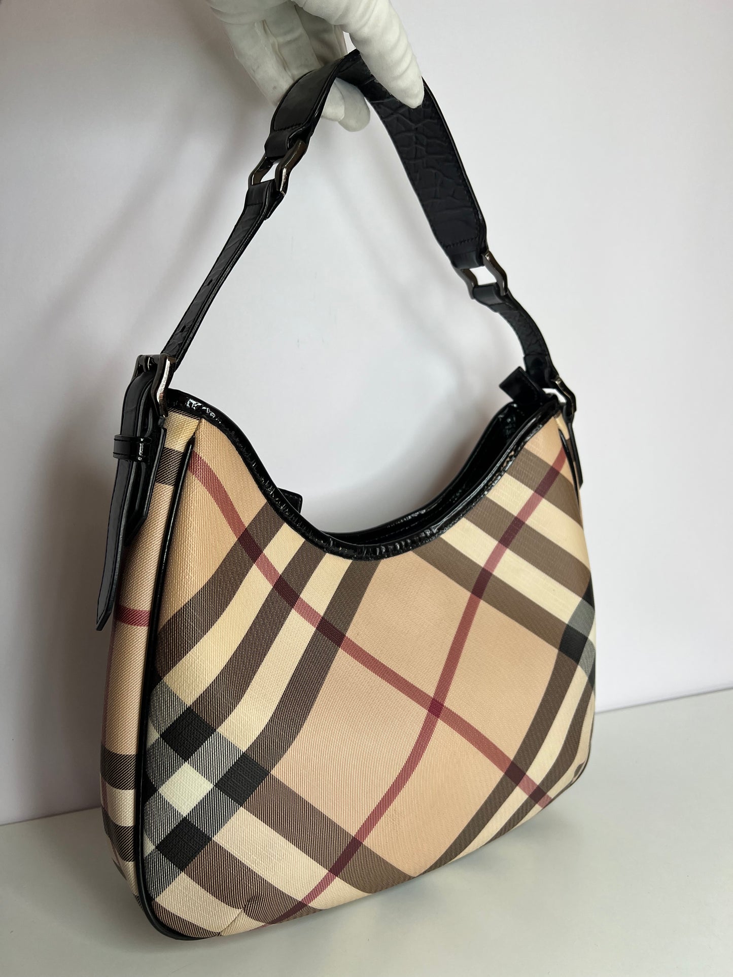 Burberry Beige/Black Nova Check PVC and Patent Leather Barton Hobo