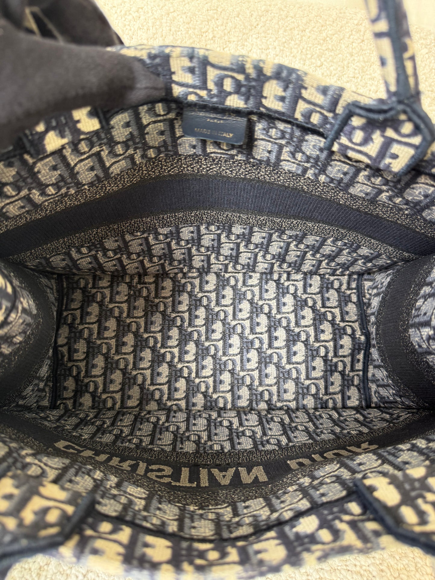 Christian Dior Medium Book Tote Ecru and Blue Dior Oblique Embroidery