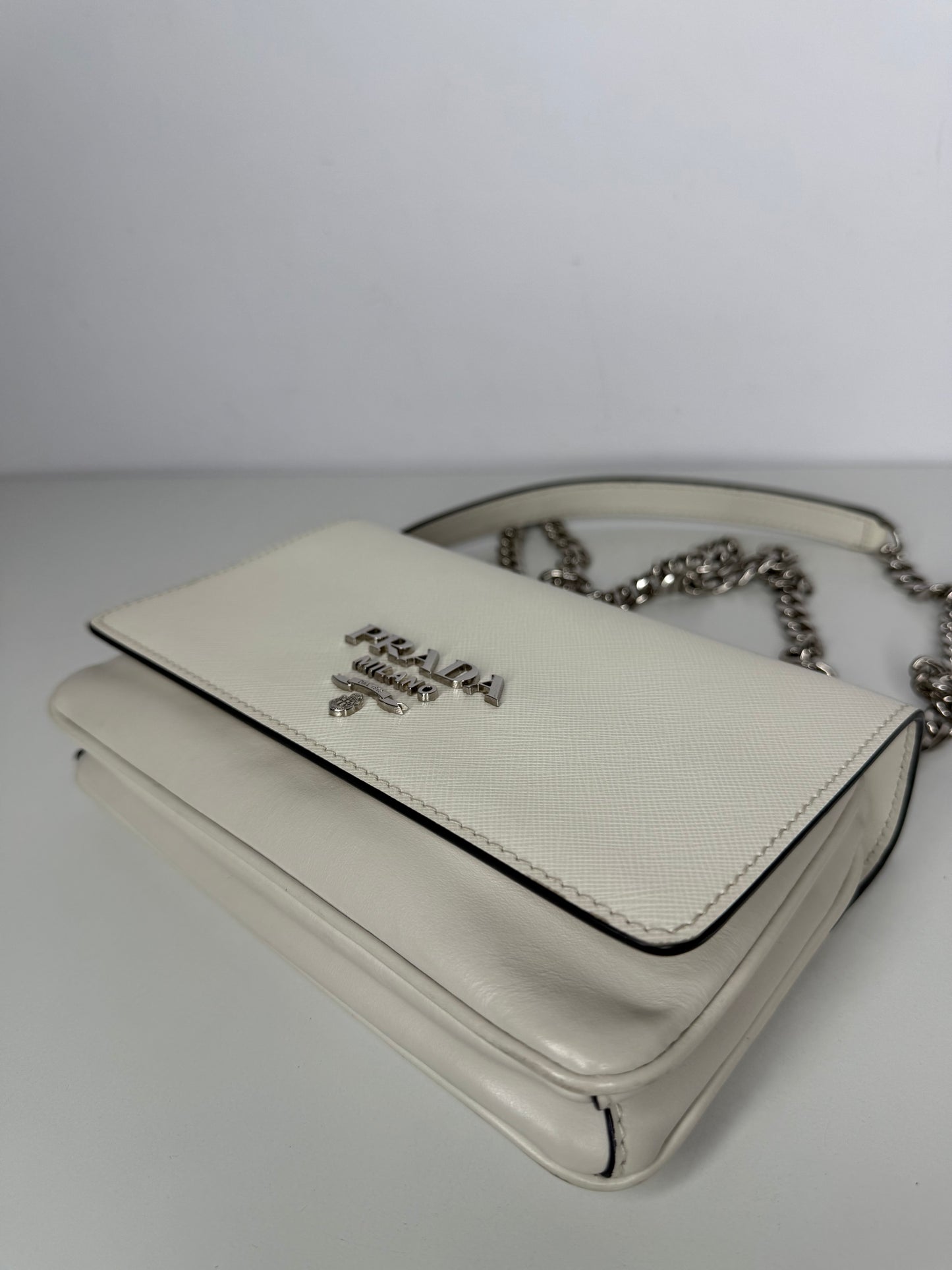 Prada Soft Calfskin Saffiano Leather Chain Crossbody Bag White