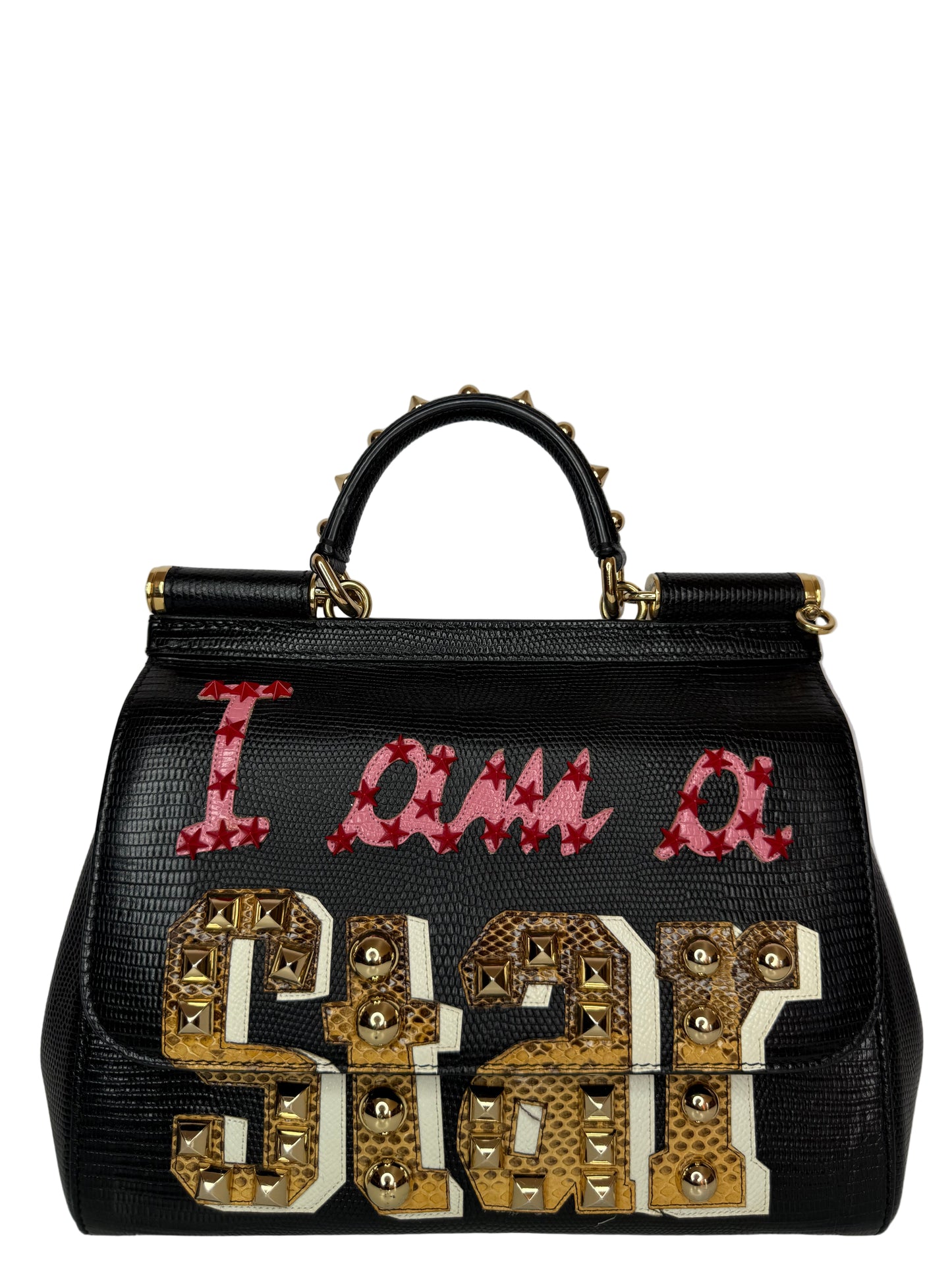Dolce Gabbana Medium Miss Sicily 'I am a Star' Embellished Lizard Embossed Handbag