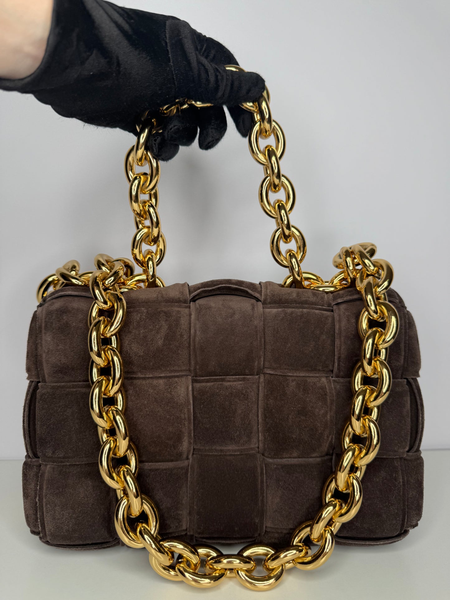 Bottega Veneta Dark Brown Suede Chain Cassette Crossbody Bag