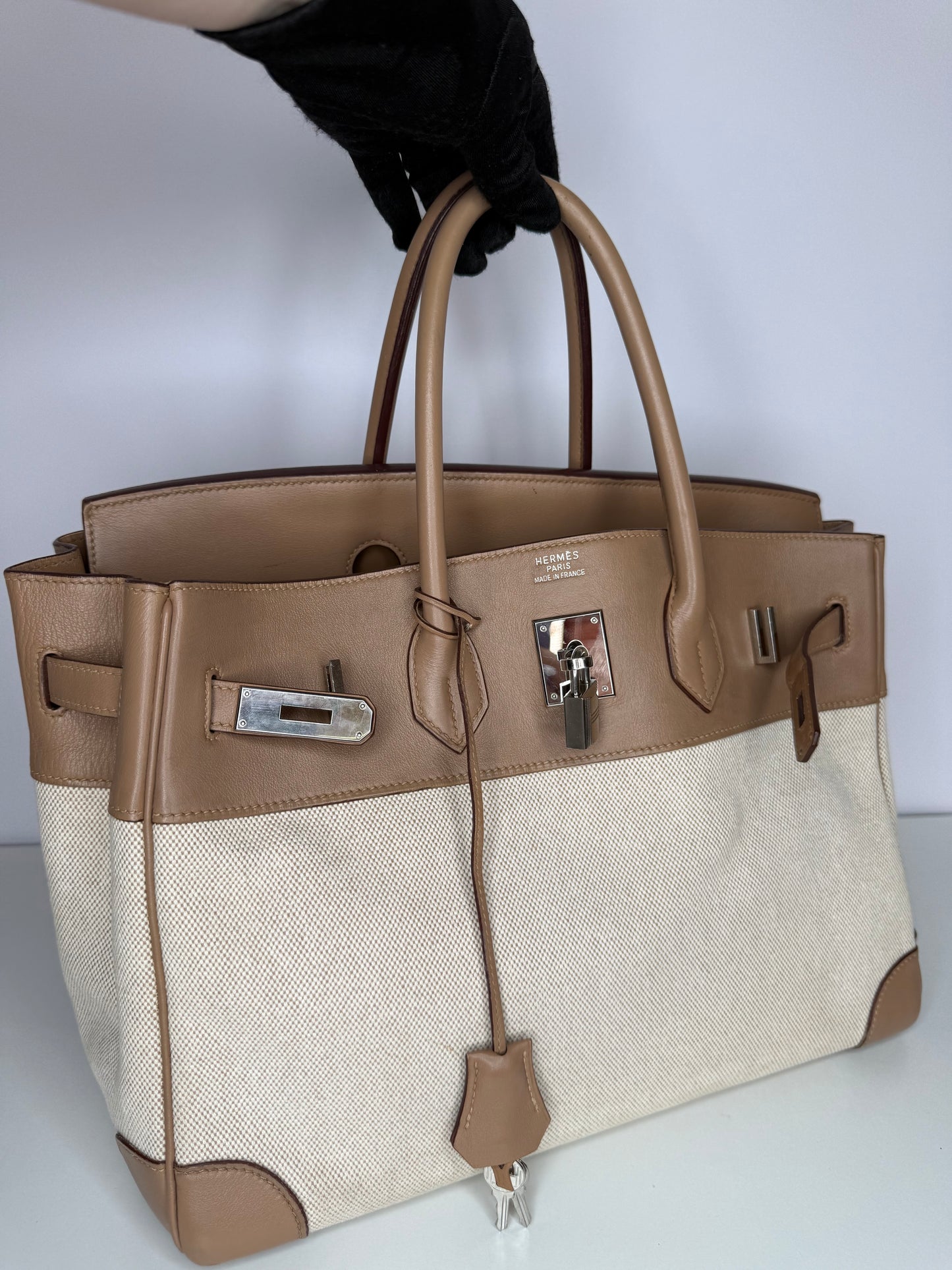 Hermès Limited Edition Birkin 35 Toile and Swift Biscuit Leather Palladium Hardware