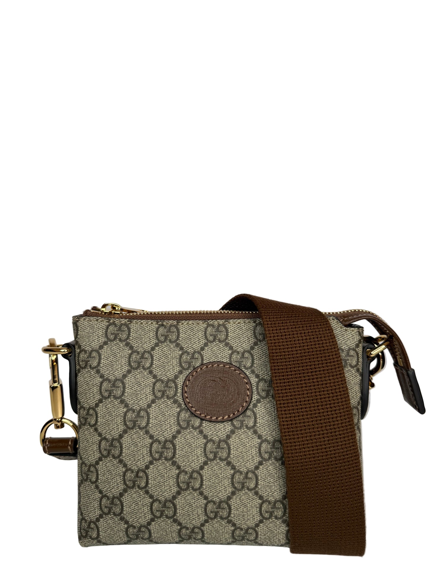 Gucci GG Coated Canvas Interlocking G Patch Wristlet Mini Messenger Bag