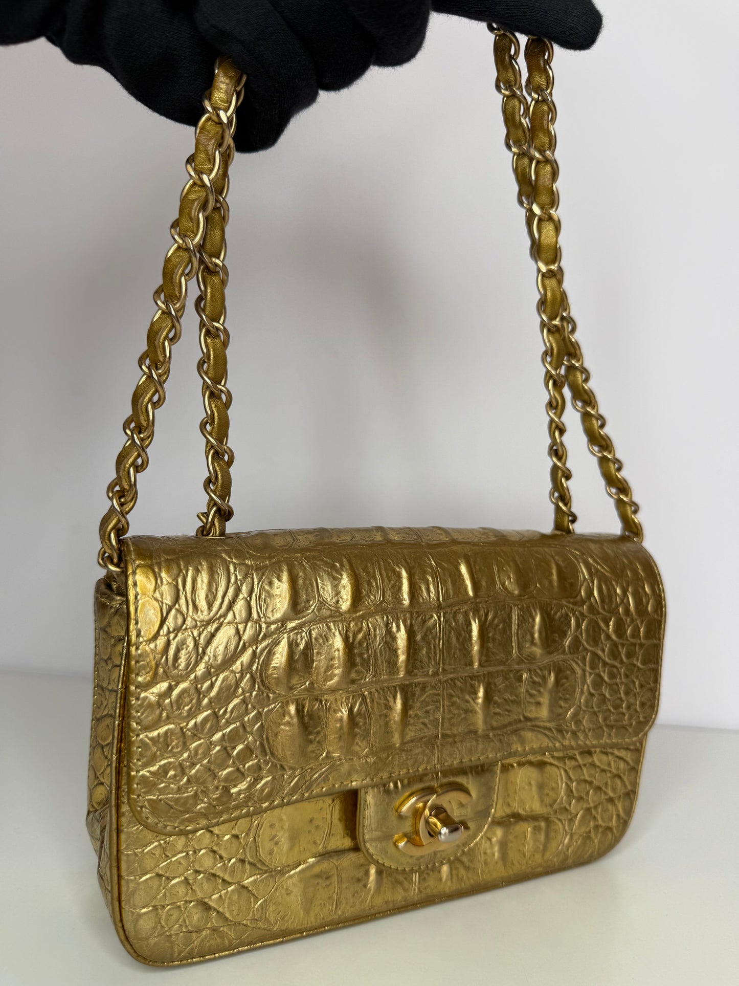 Chanel Classic Crocodile Embossed Metallic Calfskin Single Flap Bag