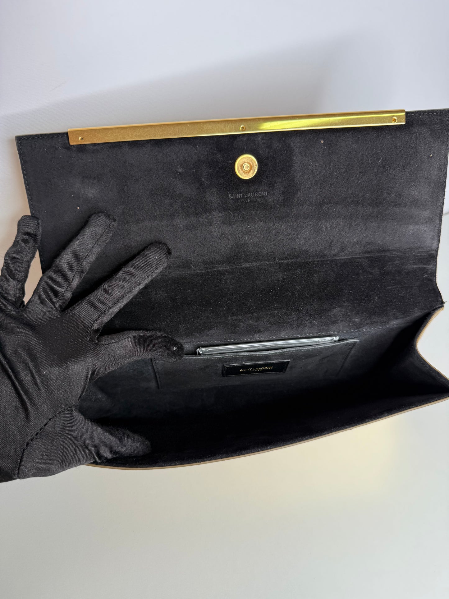 Saint Laurent Lutetia Flap Clutch Snakeskin Embossed Metallic Gold