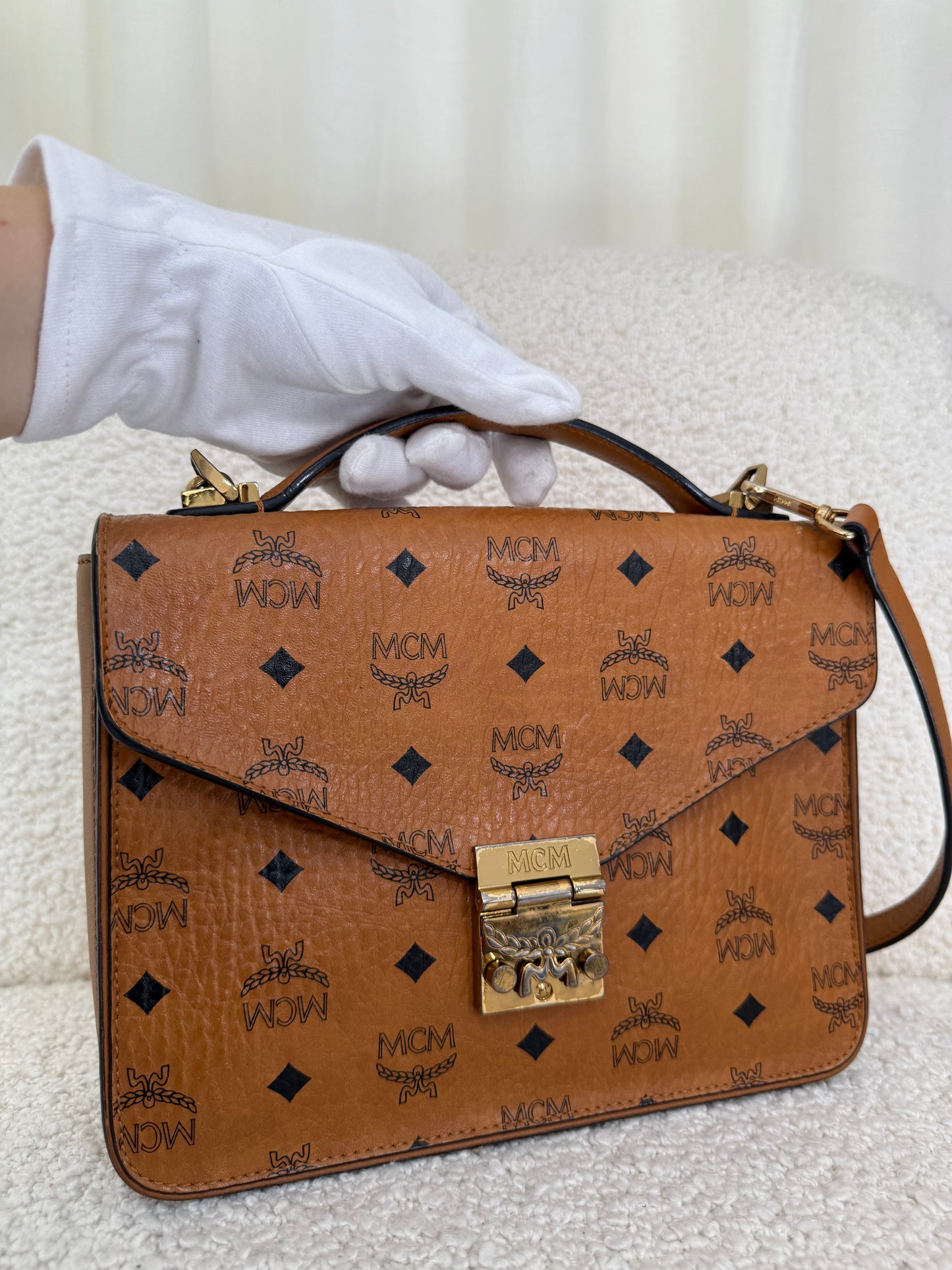 MCM Patricia Satchel Visetos Crossbody Bag Brown